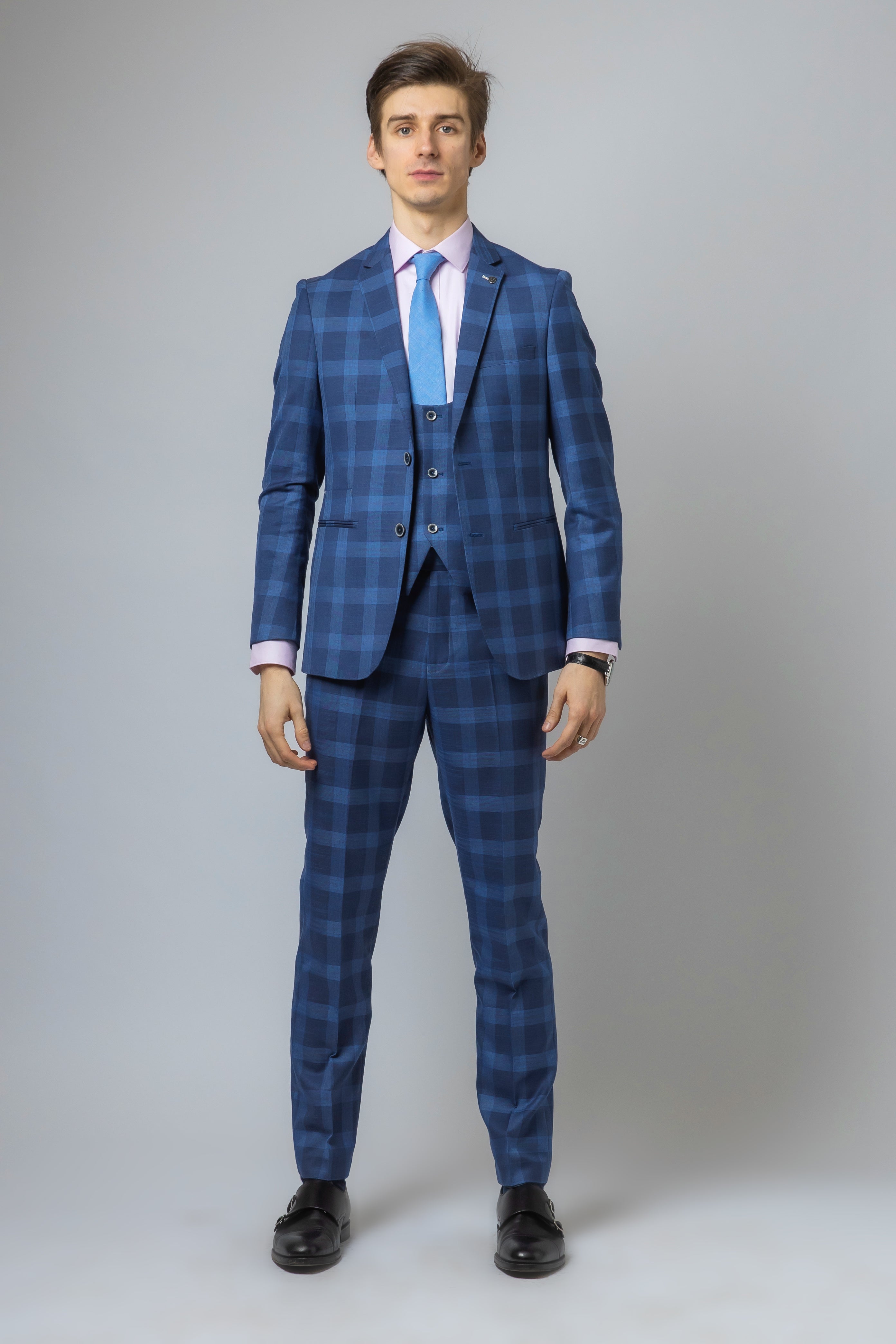 Men's Hunter Dark Blue Windowpane Check Vintage-Style Suit