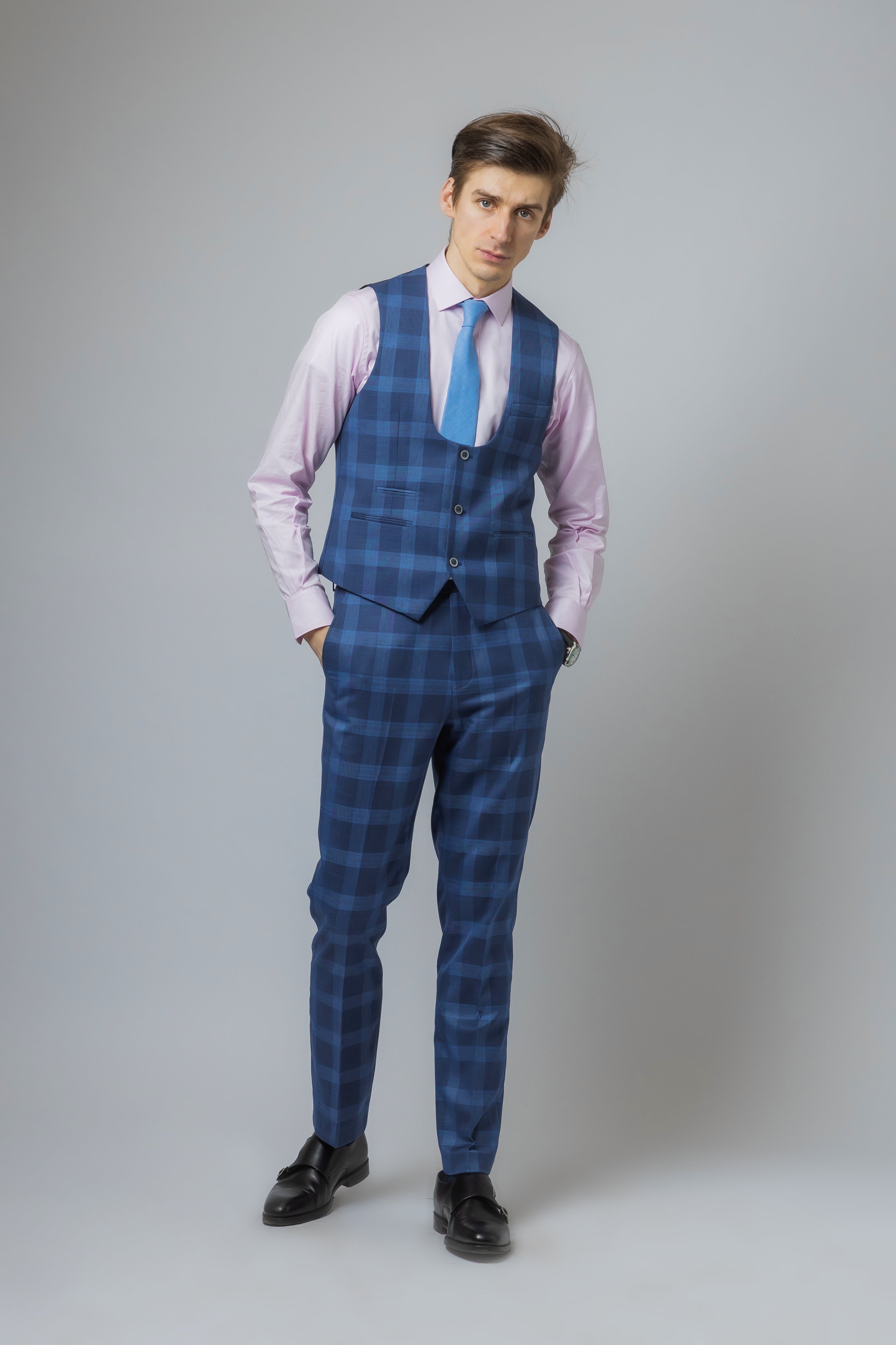 Men's Hunter Dark Blue Windowpane Check Vintage-Style Suit