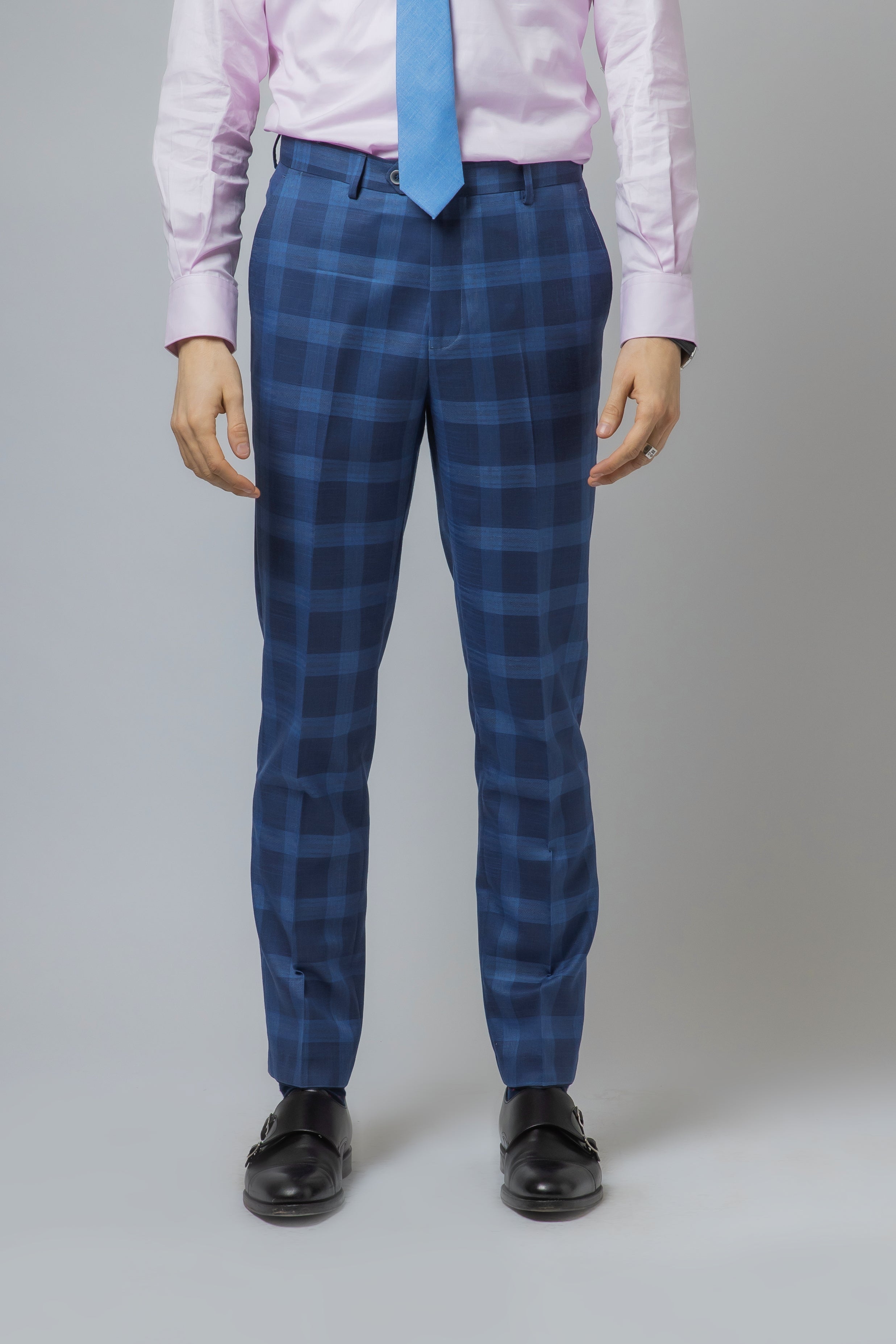 Men's Hunter Dark Blue Windowpane Check Vintage-Style Suit