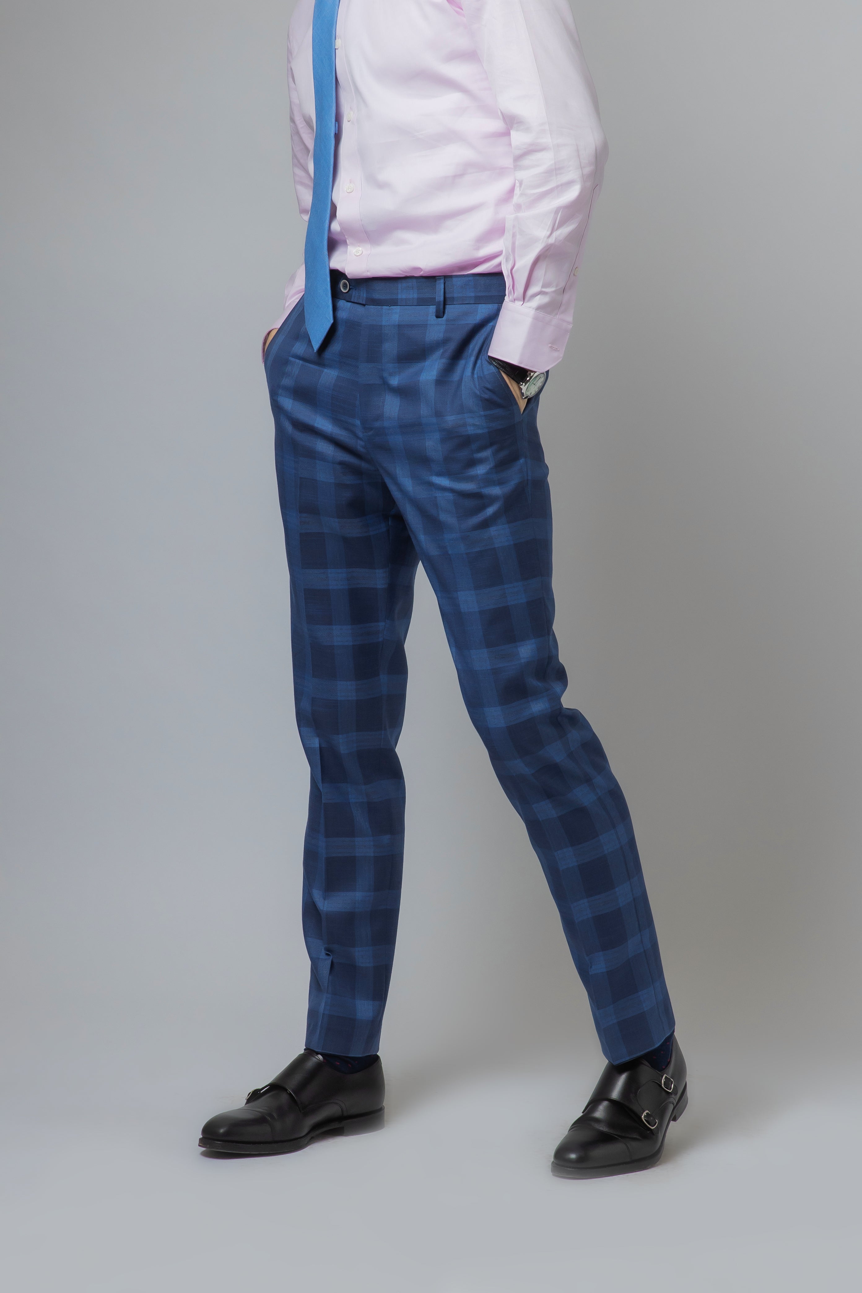 Men's Hunter Dark Blue Windowpane Check Vintage-Style Suit