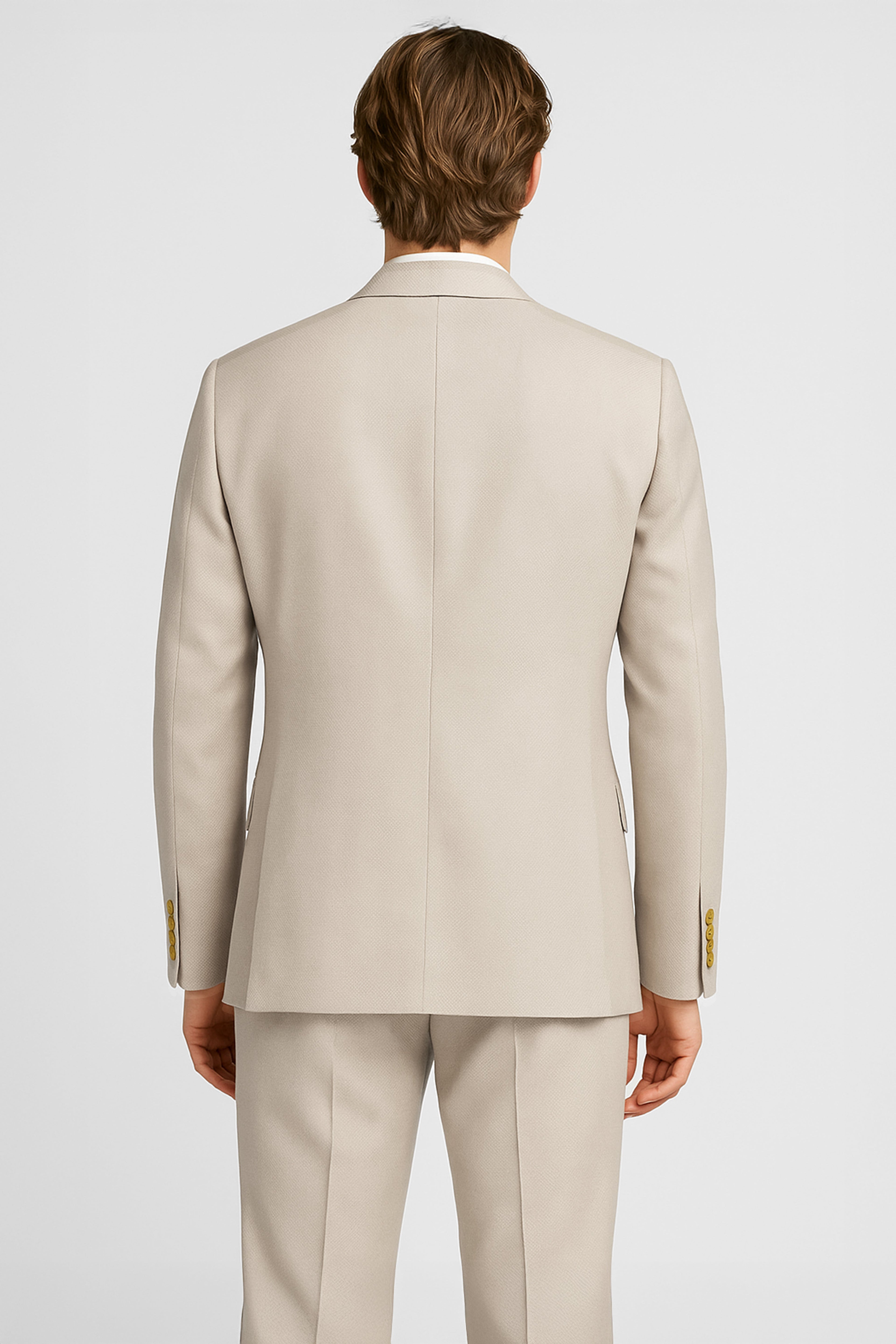 Men’s 3-Piece Textured Suit with Double-Breasted Waistcoat - CORE - Beige Back Picture