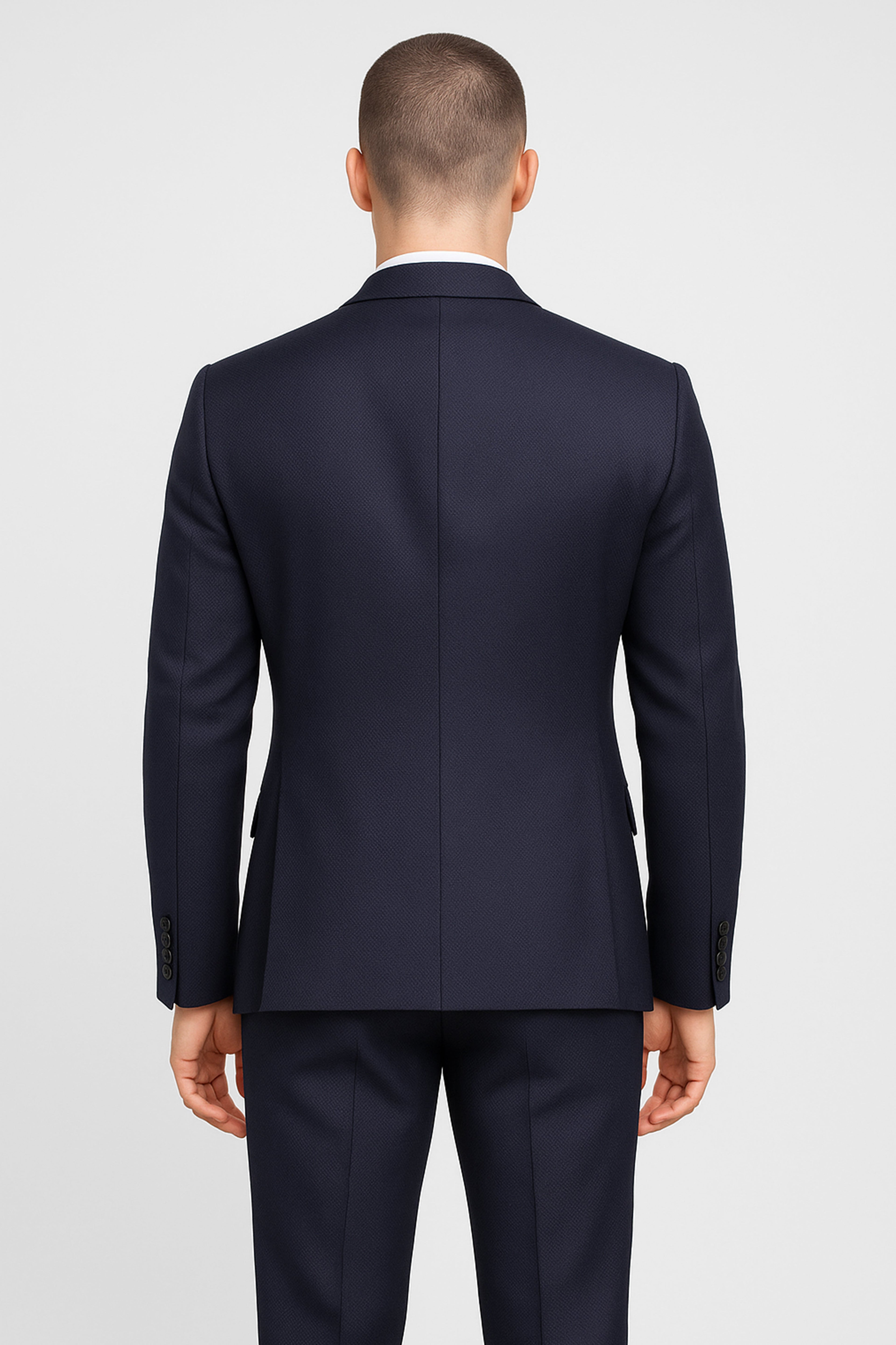 Men’s 3-Piece Textured Suit with Double-Breasted Waistcoat - CORE - Navy Blue Back Picture