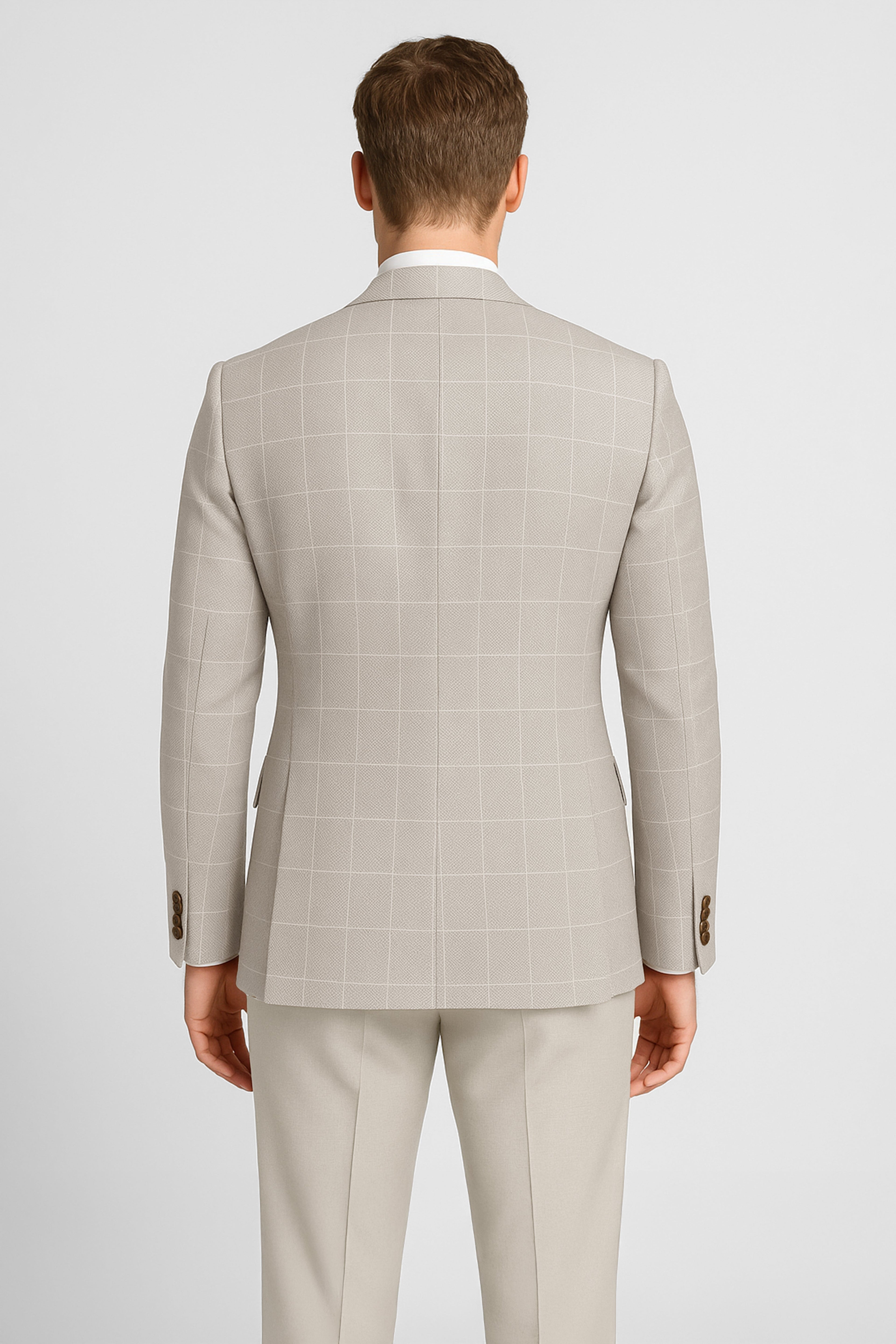 Men’s 3-Piece Windowpane Check Formal Suit - Beige Back Picture