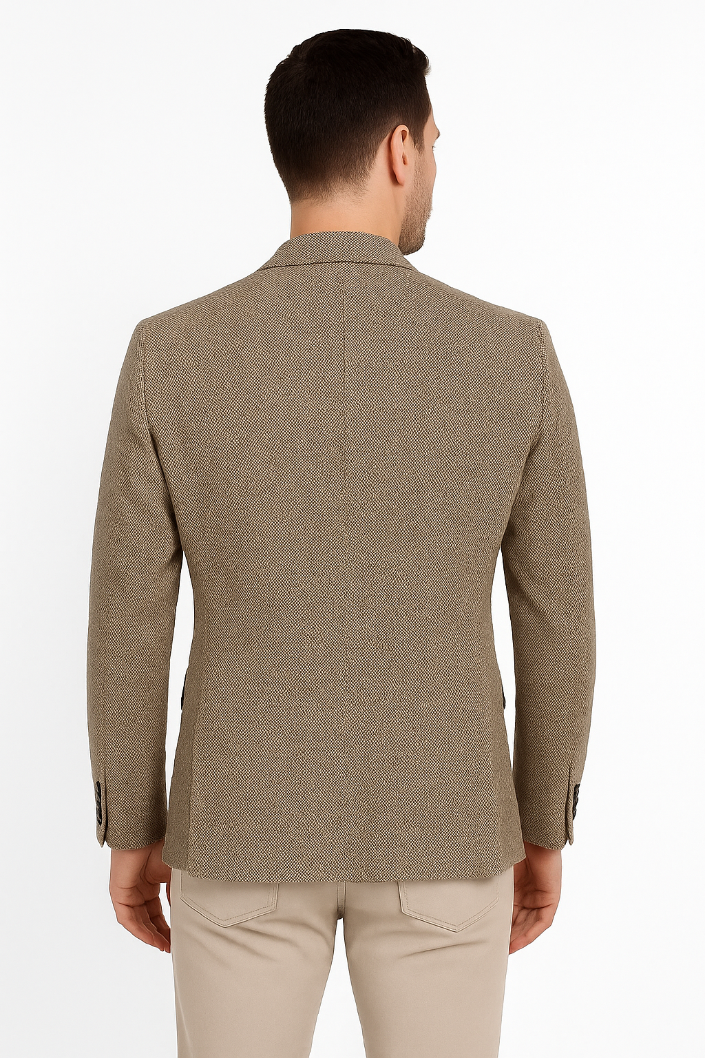 Men’s Beige Tweed Blazer with Vintage Car Print Lining – Smart Casual Jacket Back Picture