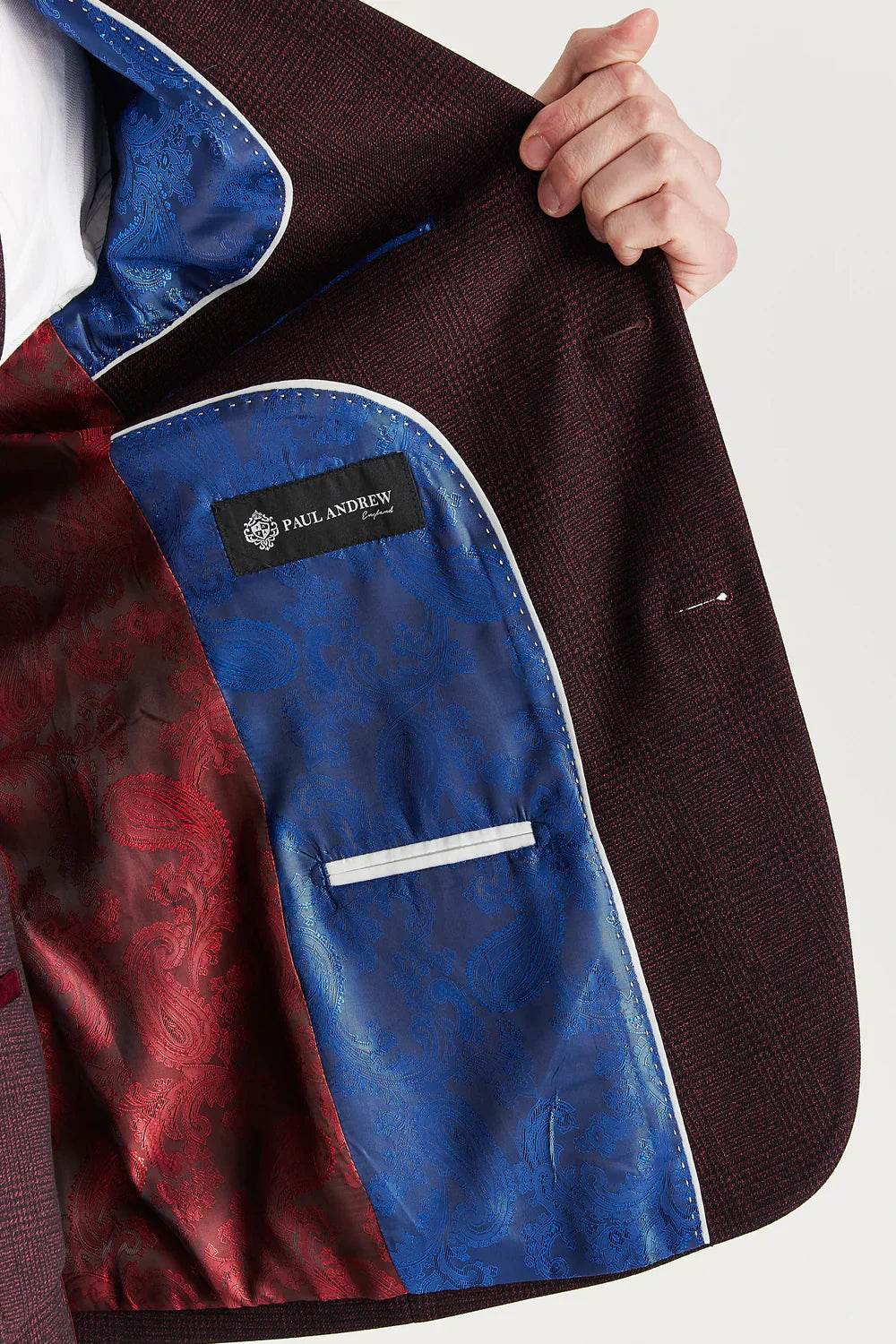 Men’s Glen Check Formal Suit Jacket - Regent - Wine Red Linning Picture