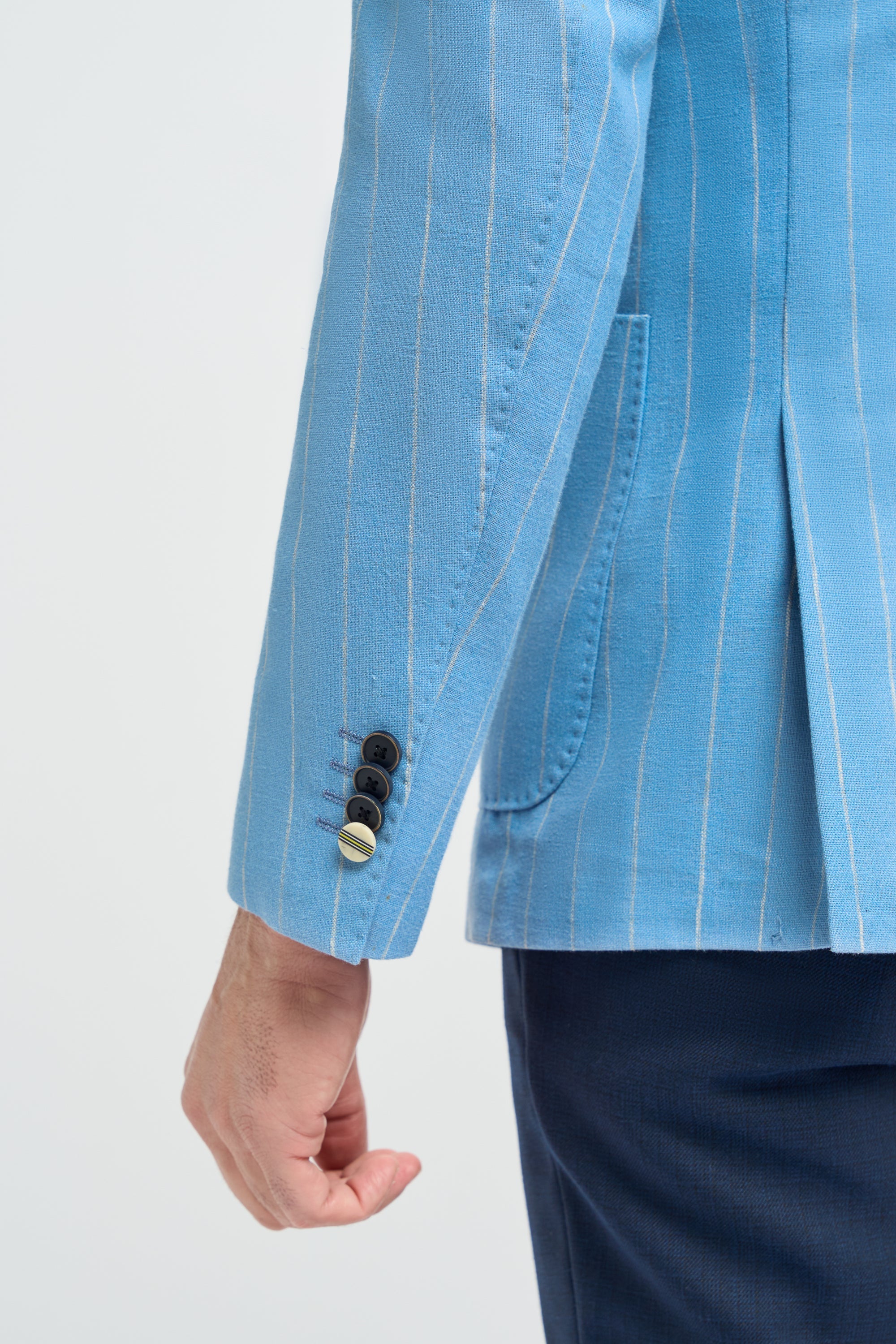 Men’s Linen Pinstripe Blazer with Patch Pockets - Piero -Blue Detail Picture
