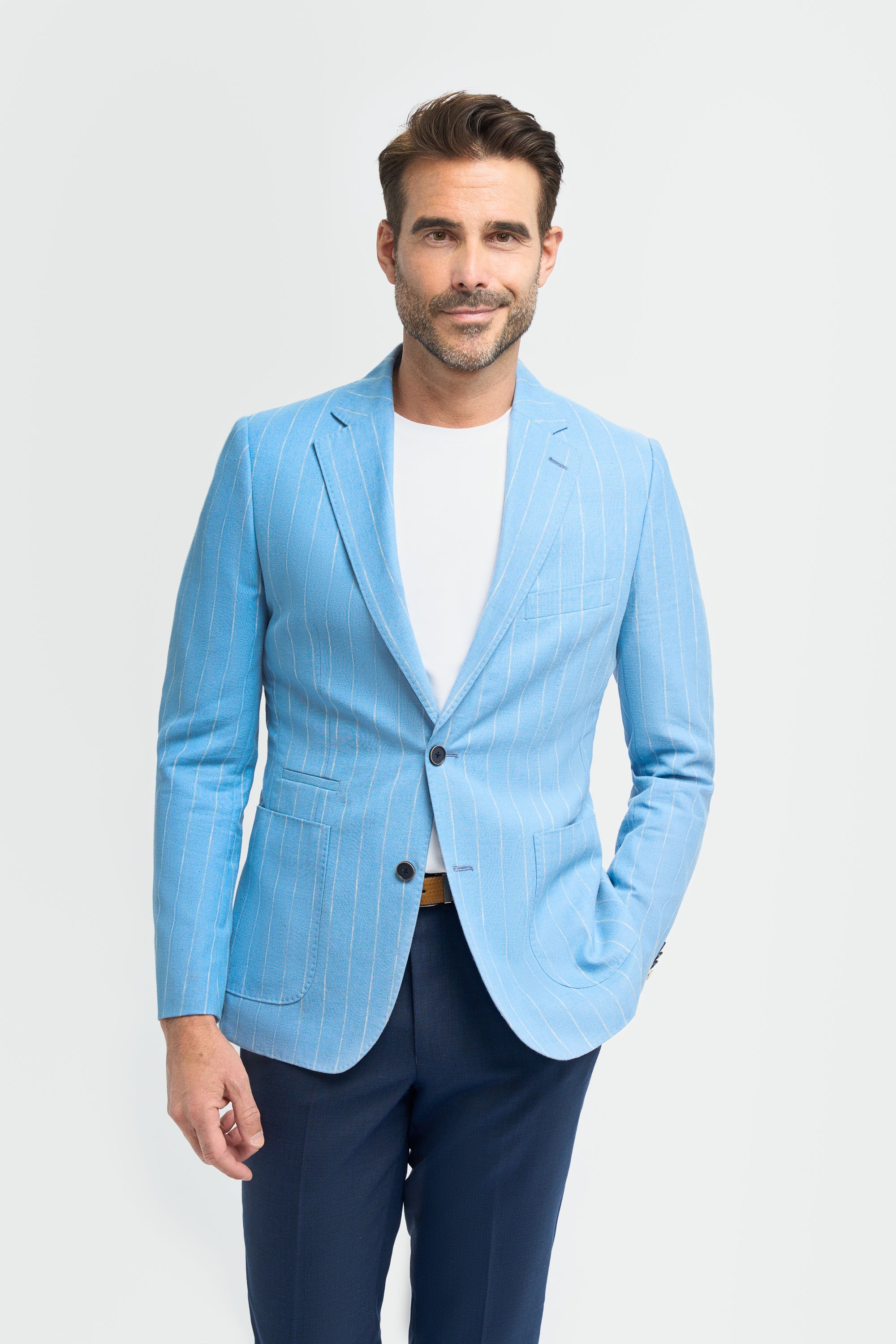 Image of men’s linen pinstripe slim fit blazer, casual summer jacket