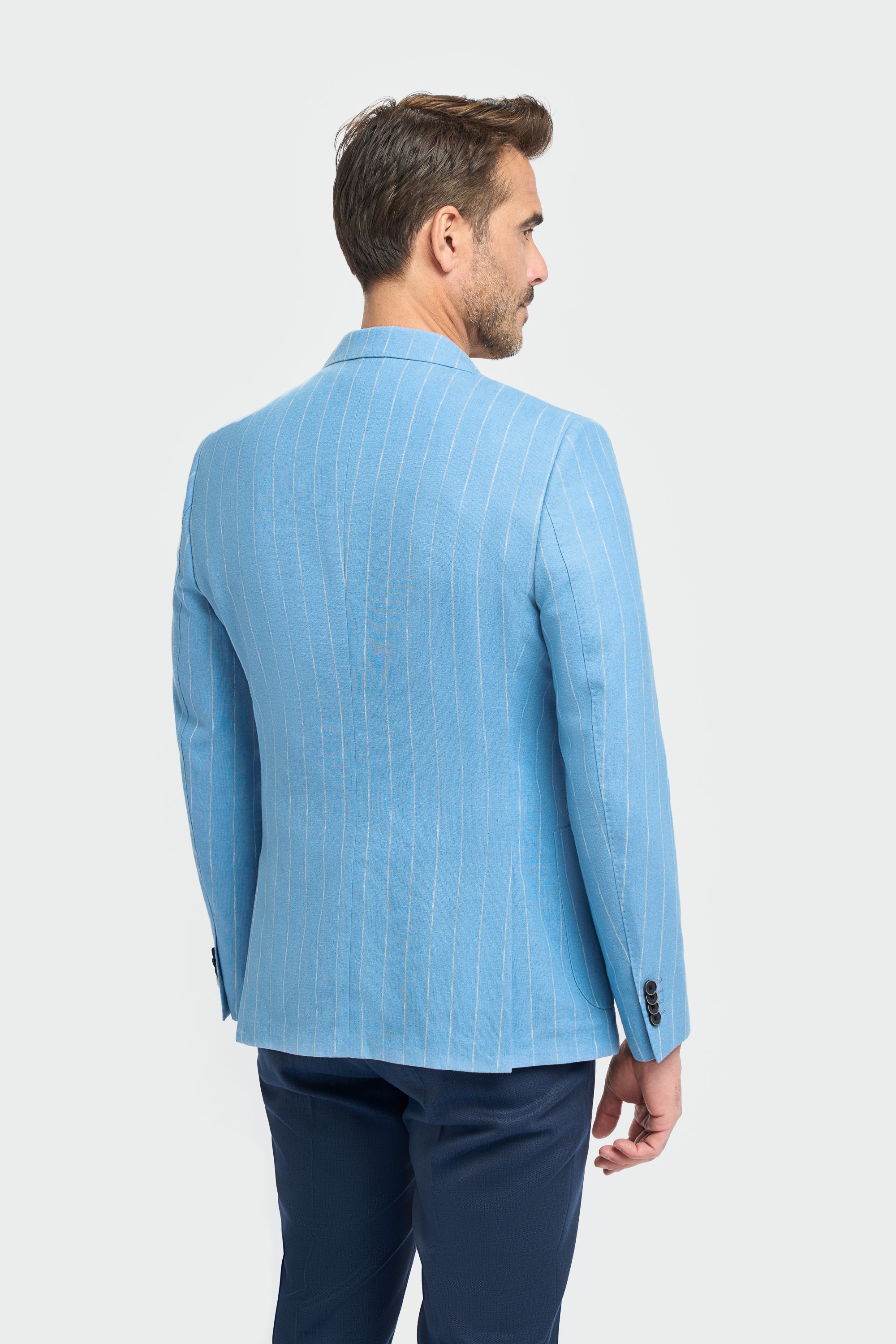 Men’s Linen Pinstripe Blazer with Patch Pockets - Piero -Blue Back Picture
