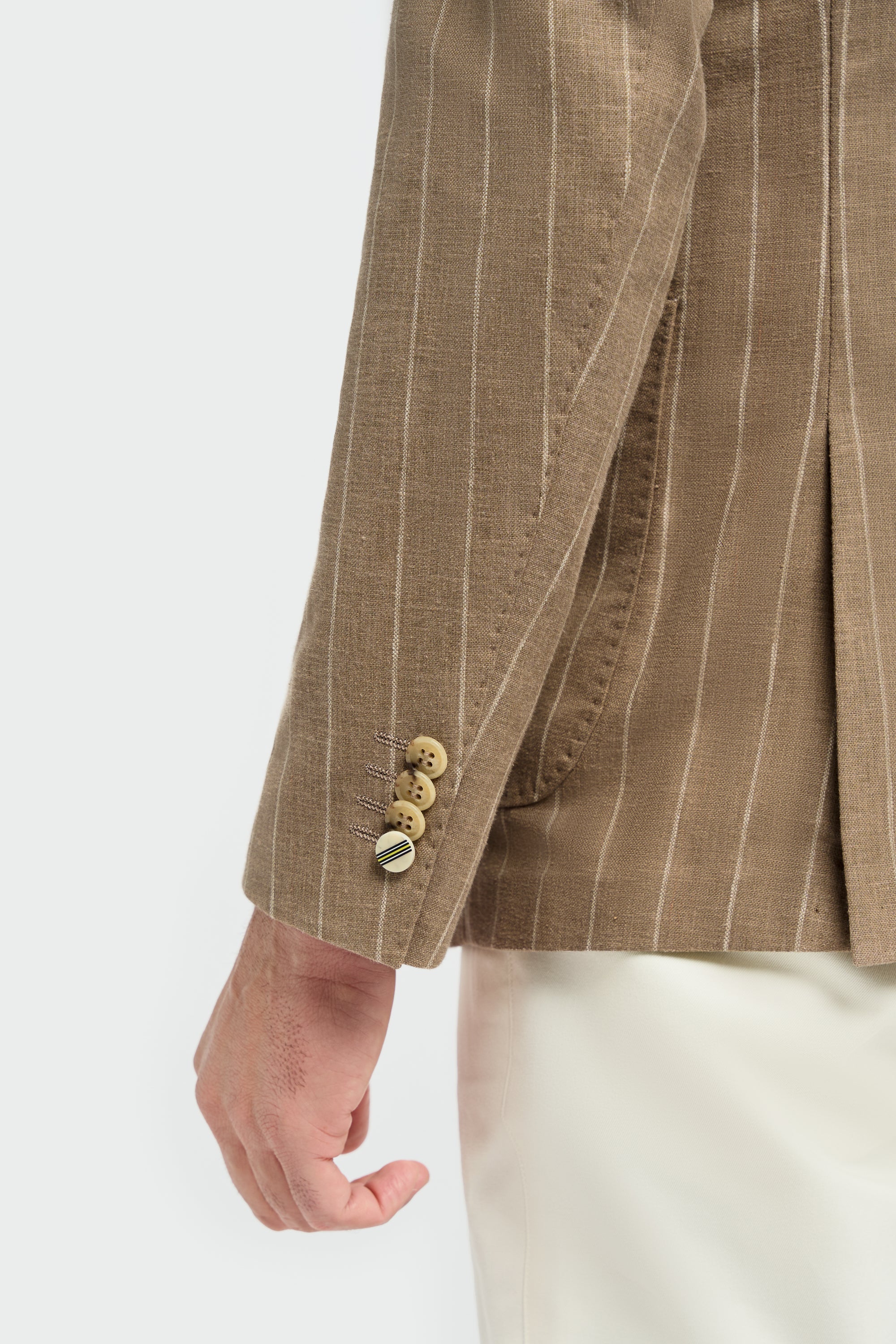 Men’s Linen Pinstripe Blazer with Patch Pockets - Piero - Sand Beige Detail Picture