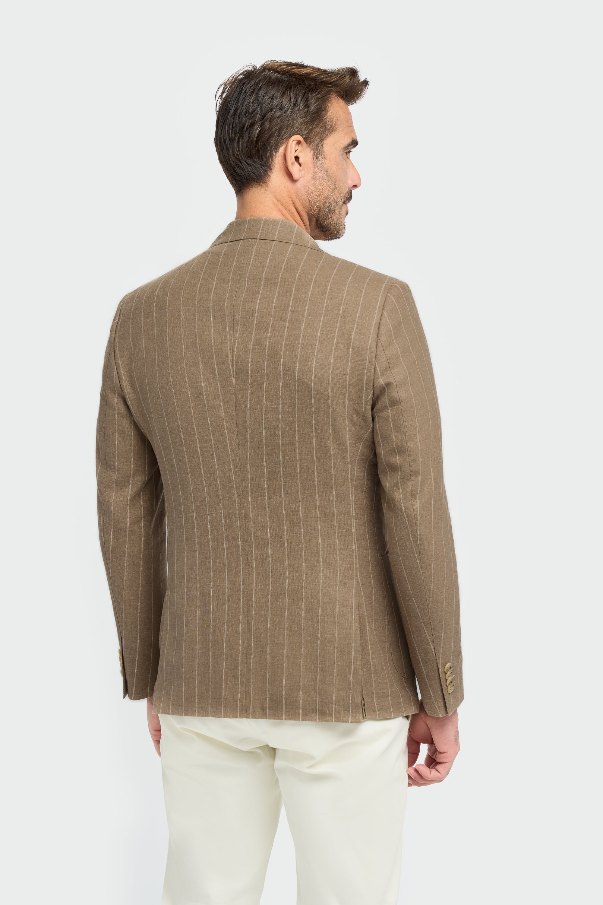 Men’s Linen Pinstripe Blazer with Patch Pockets - Piero - Sand Beige Back Picture