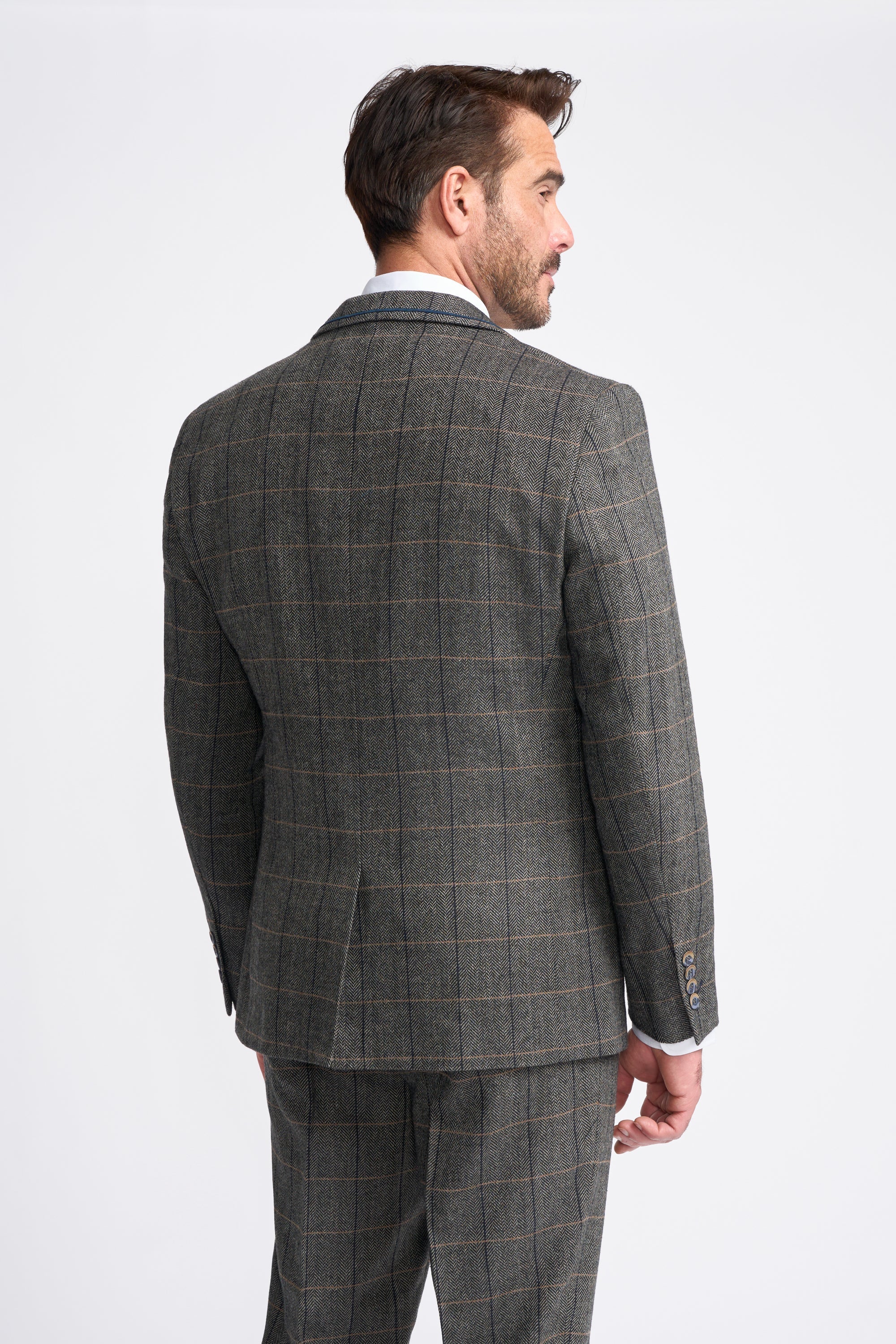 Men's Wool Blend Herringbone Check Suit Jacket - Albert - Grey Blazer Back Picture