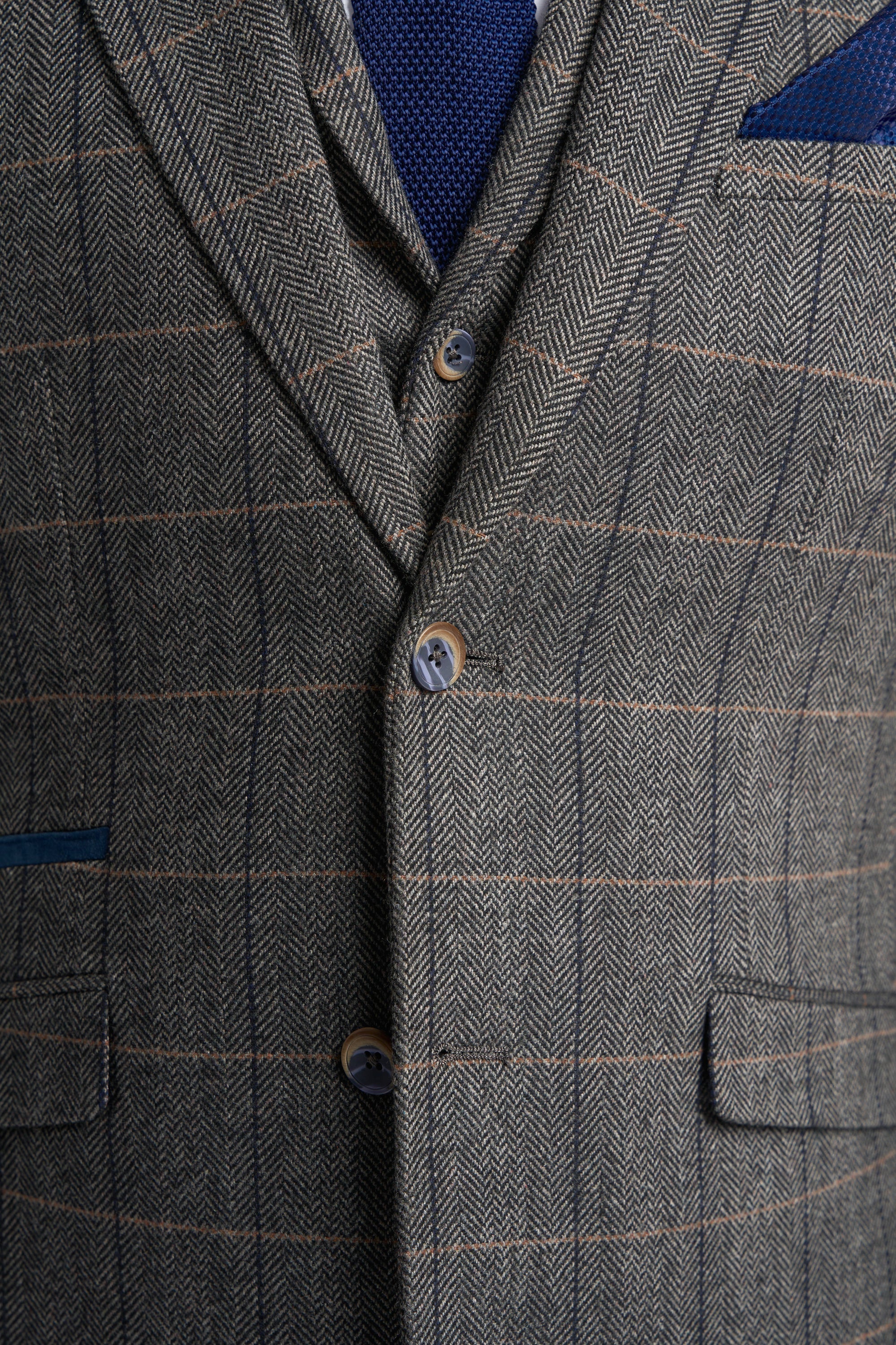 Men's Wool Blend Herringbone Check Suit Jacket - Albert - Grey Front Detail Picture