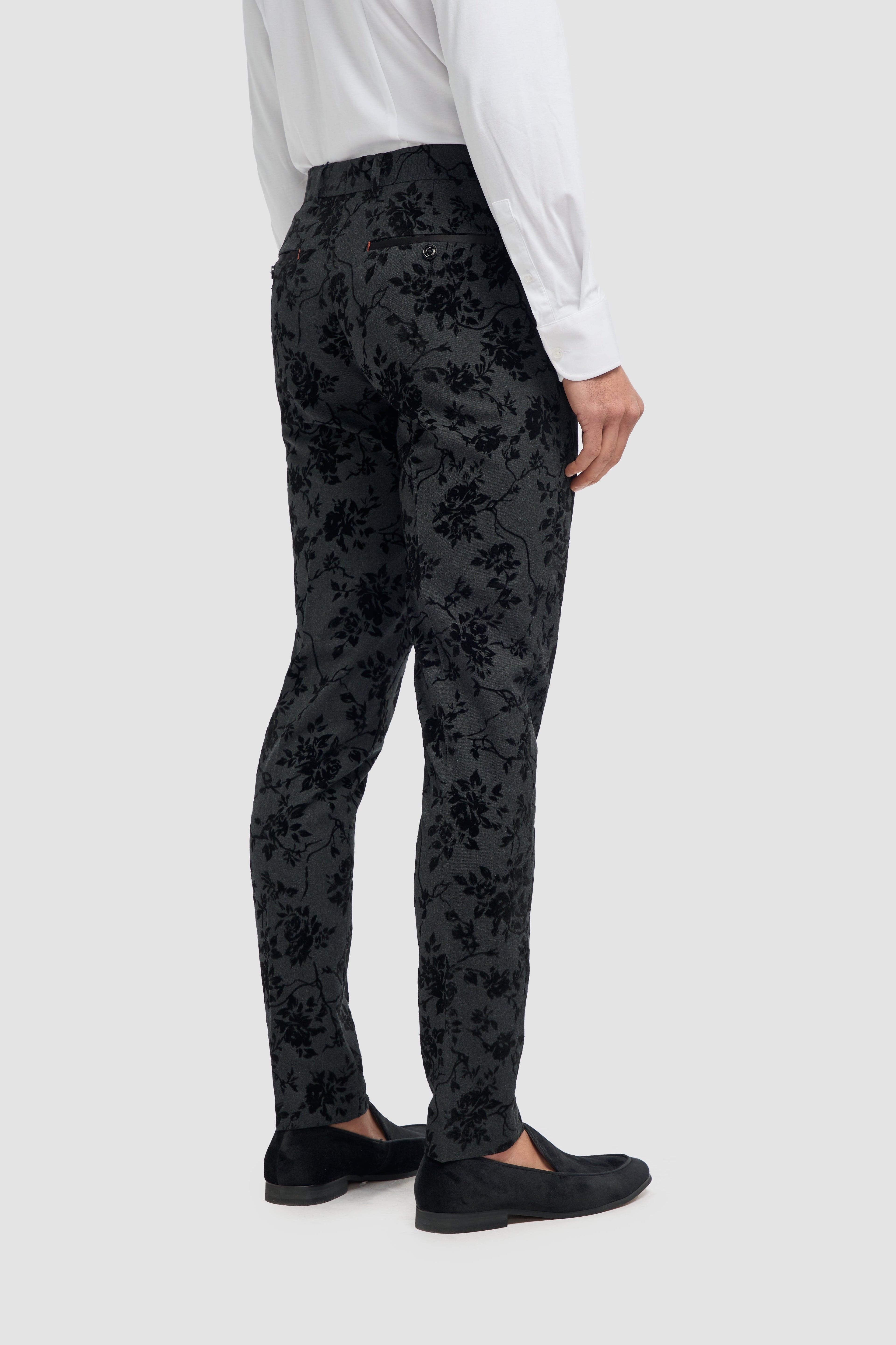 Men's Black Velvet Floral Embroidered Suit- GEORGI - Black Trousers Back Picture