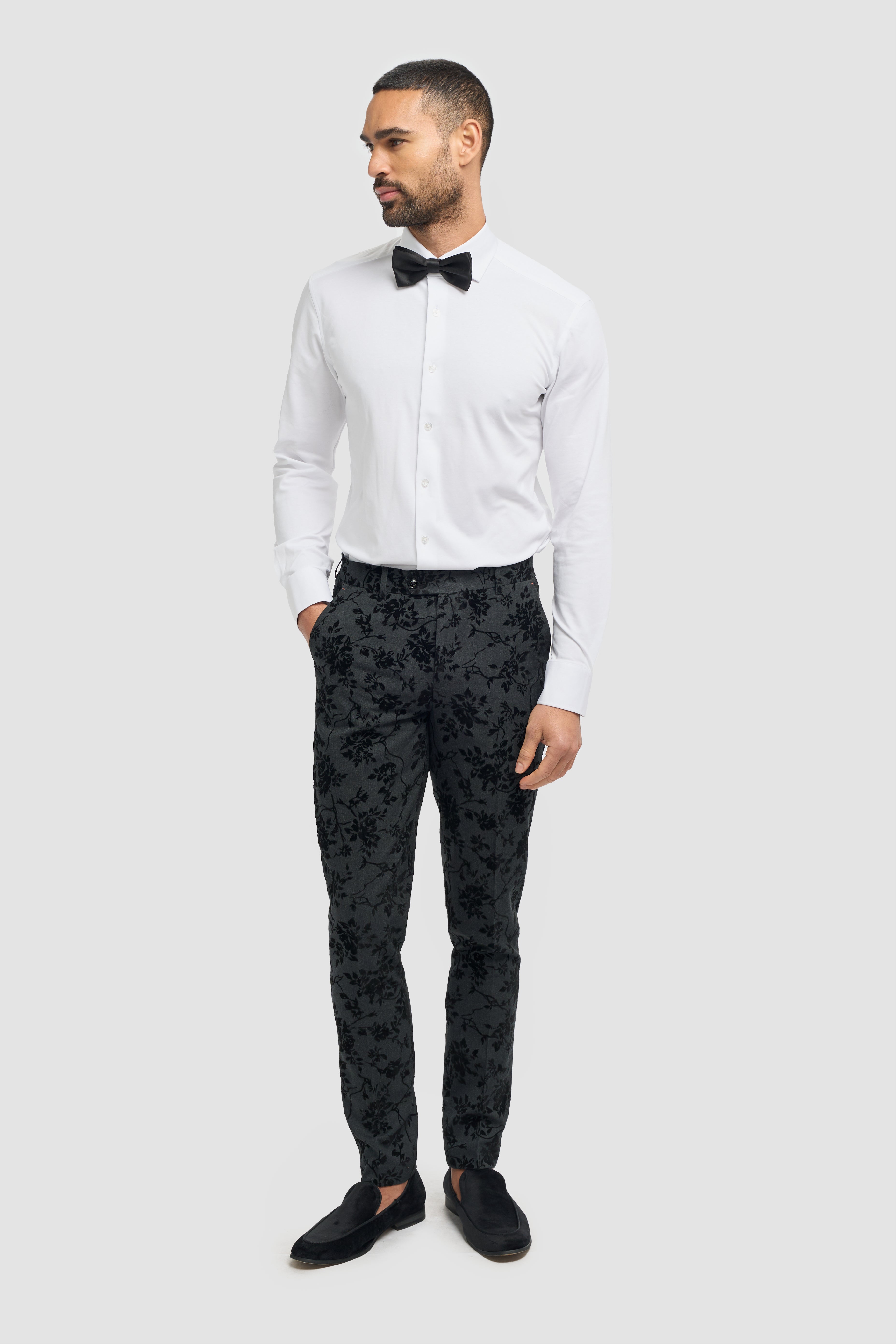 Men's Black Velvet Floral Embroidered Suit- GEORGI - Black Trouser Model Picture