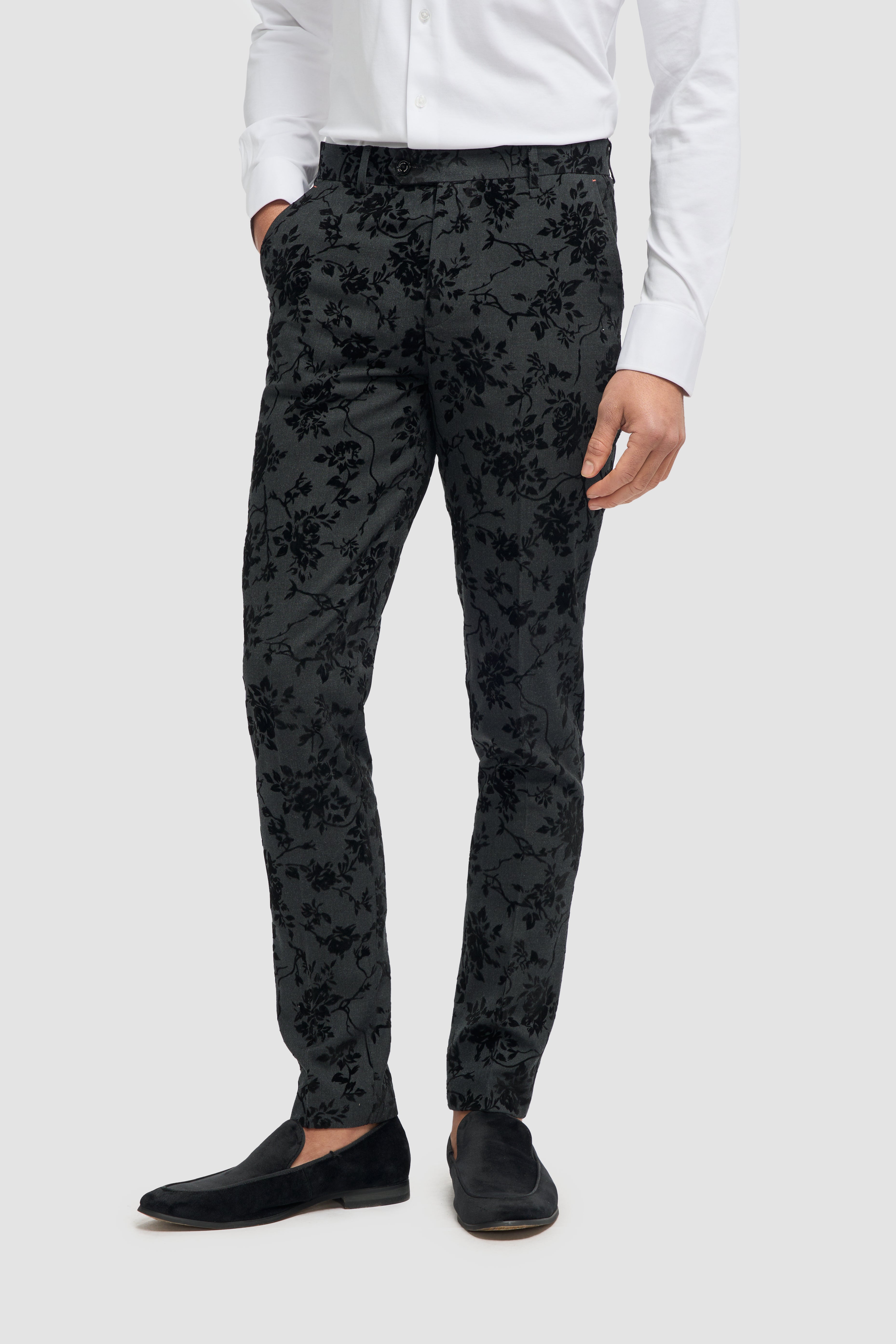 Men's Black Velvet Floral Embroidered Suit- GEORGI - Black Trousers Front Picture