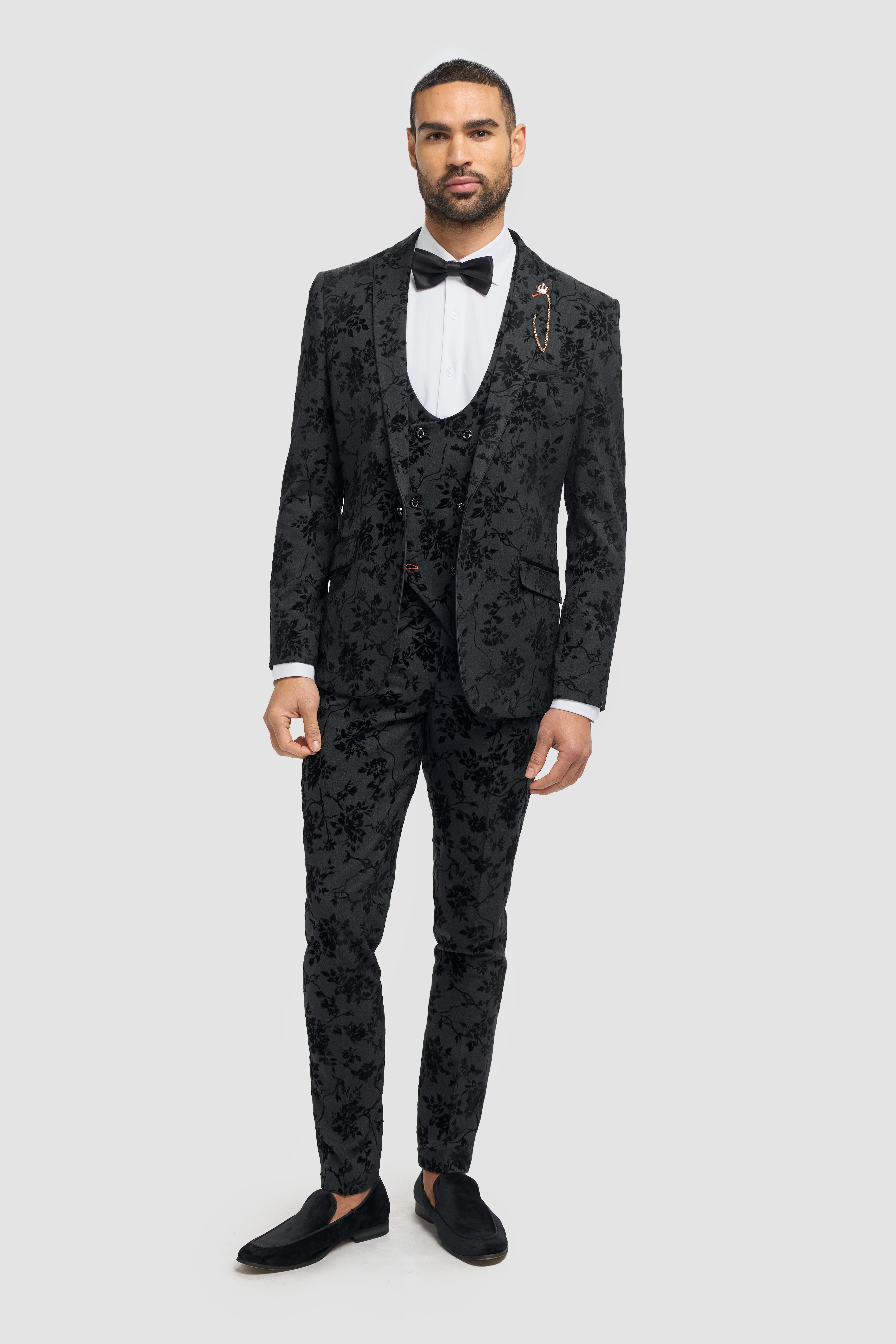 Men's Black Velvet Floral Embroidered Suit- GEORGI - Black Model Front Picture