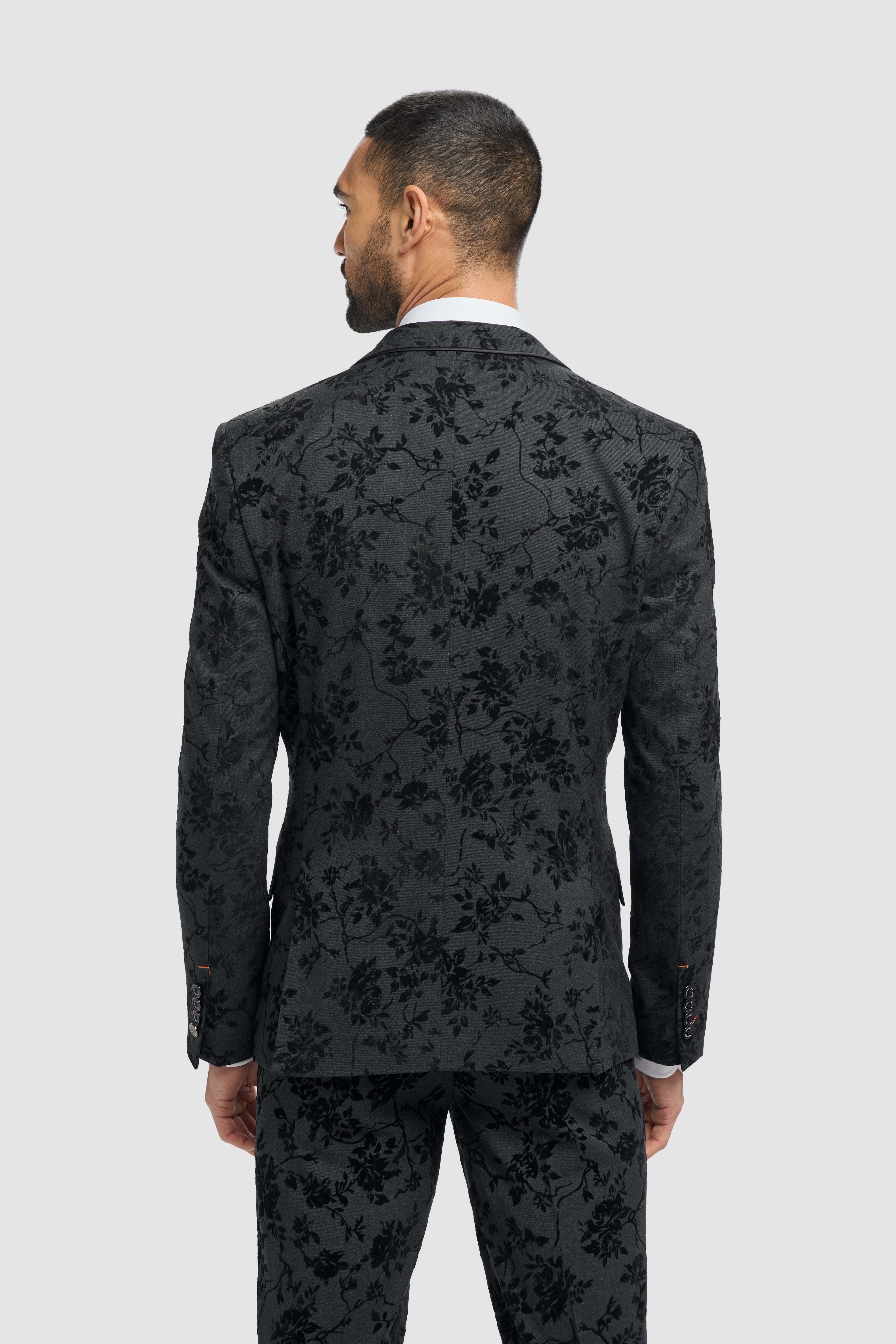 Men's Black Velvet Floral Embroidered Suit- GEORGI - Black Back Picture