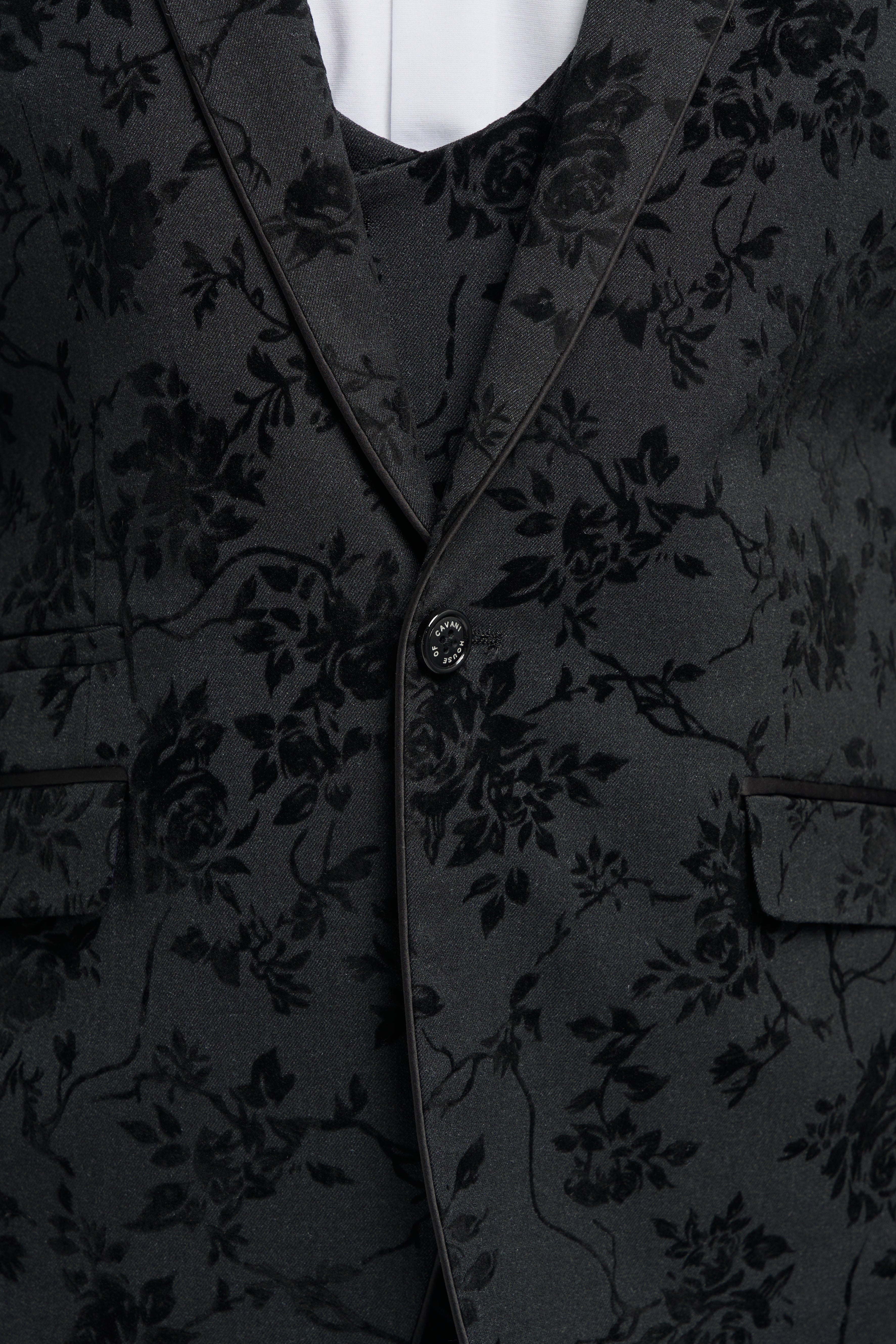 Men's Black Velvet Floral Embroidered Suit- GEORGI - Black Jacket Front Picture