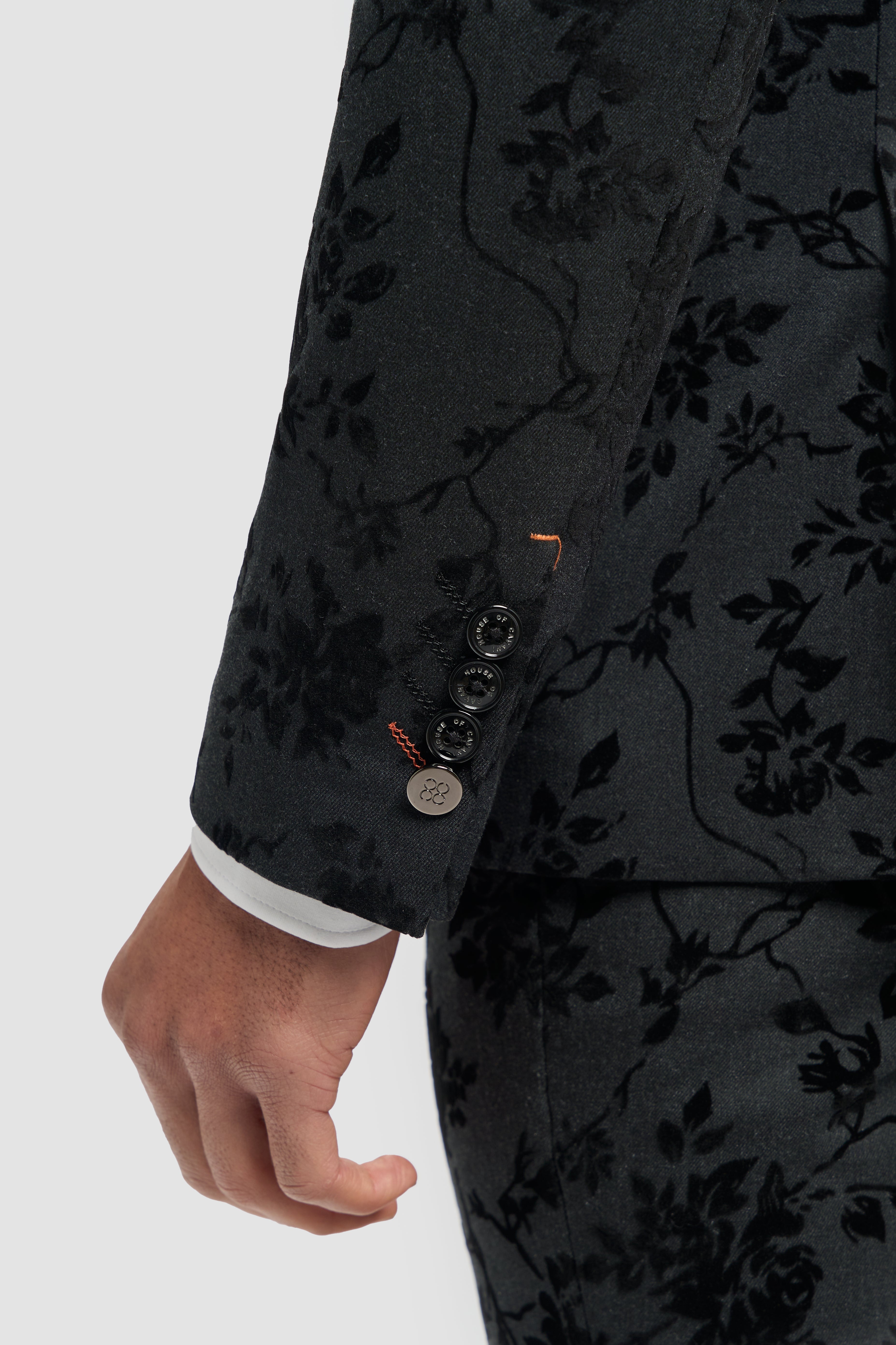 Men's Black Velvet Floral Embroidered Suit- GEORGI - Black Detail Picture