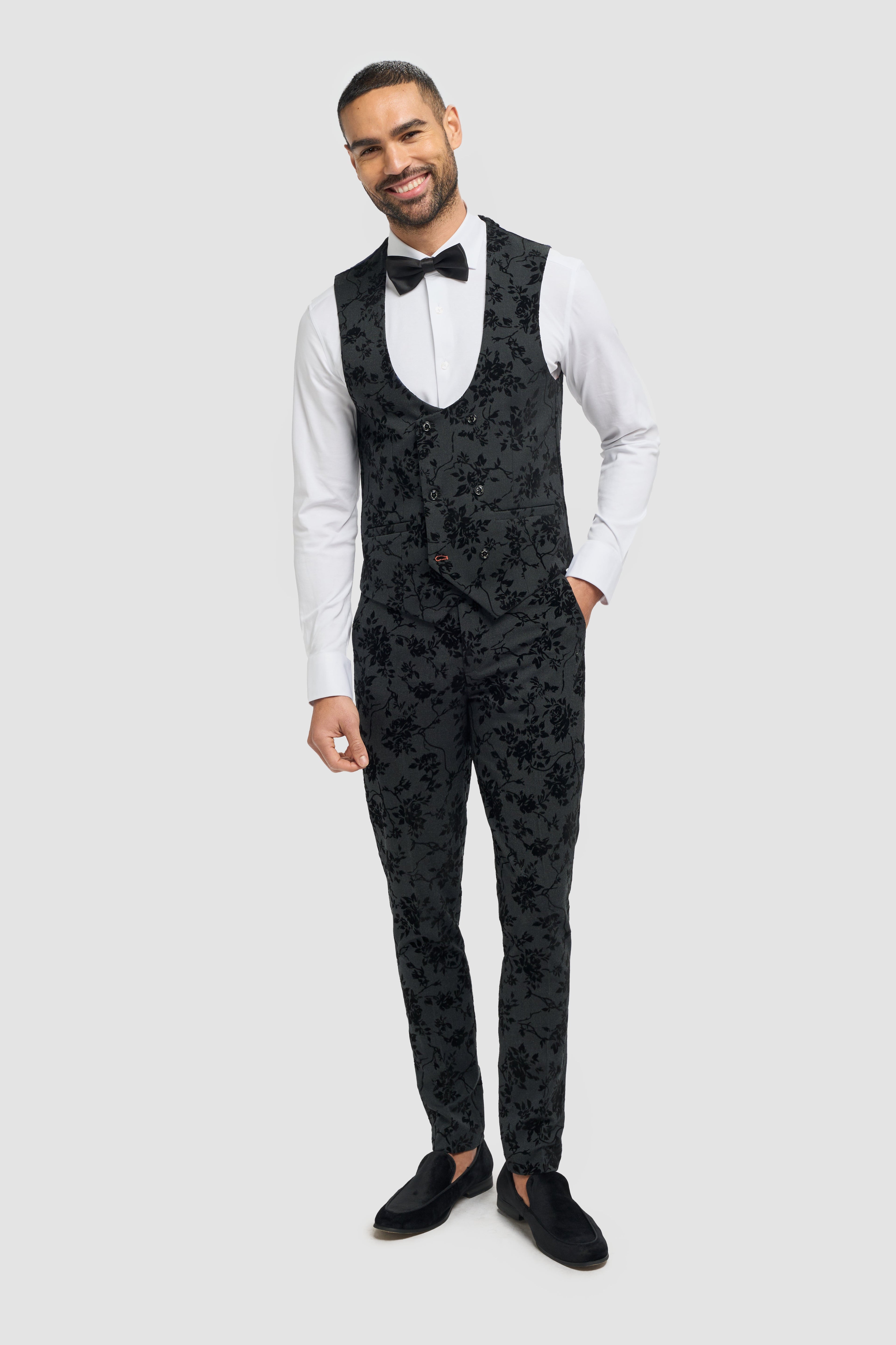 Men's Black Velvet Floral Embroidered Suit- GEORGI - Black Waistcoat Model Picture