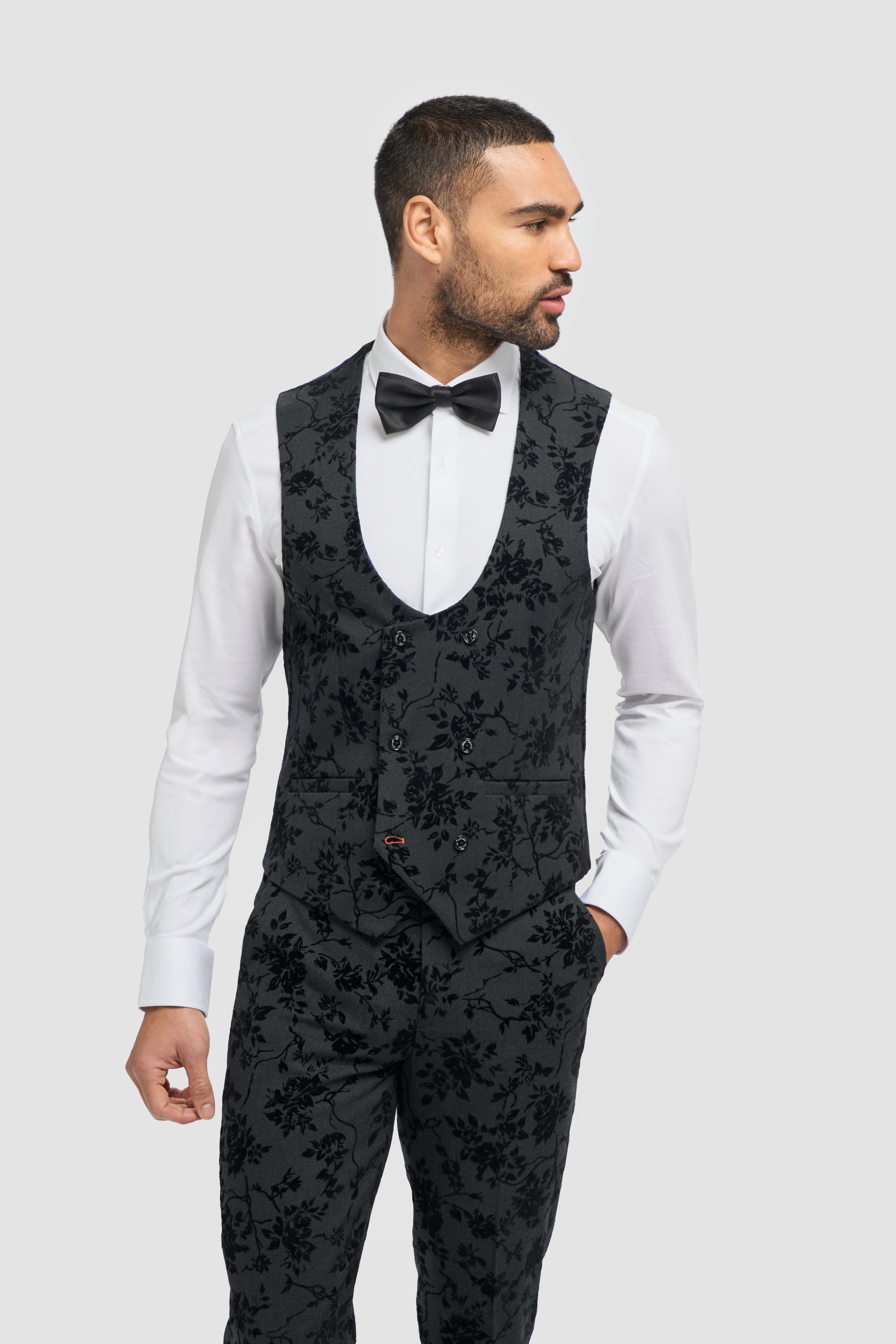 Men's Black Velvet Floral Embroidered Suit- GEORGI - Black Waistcoat Picture