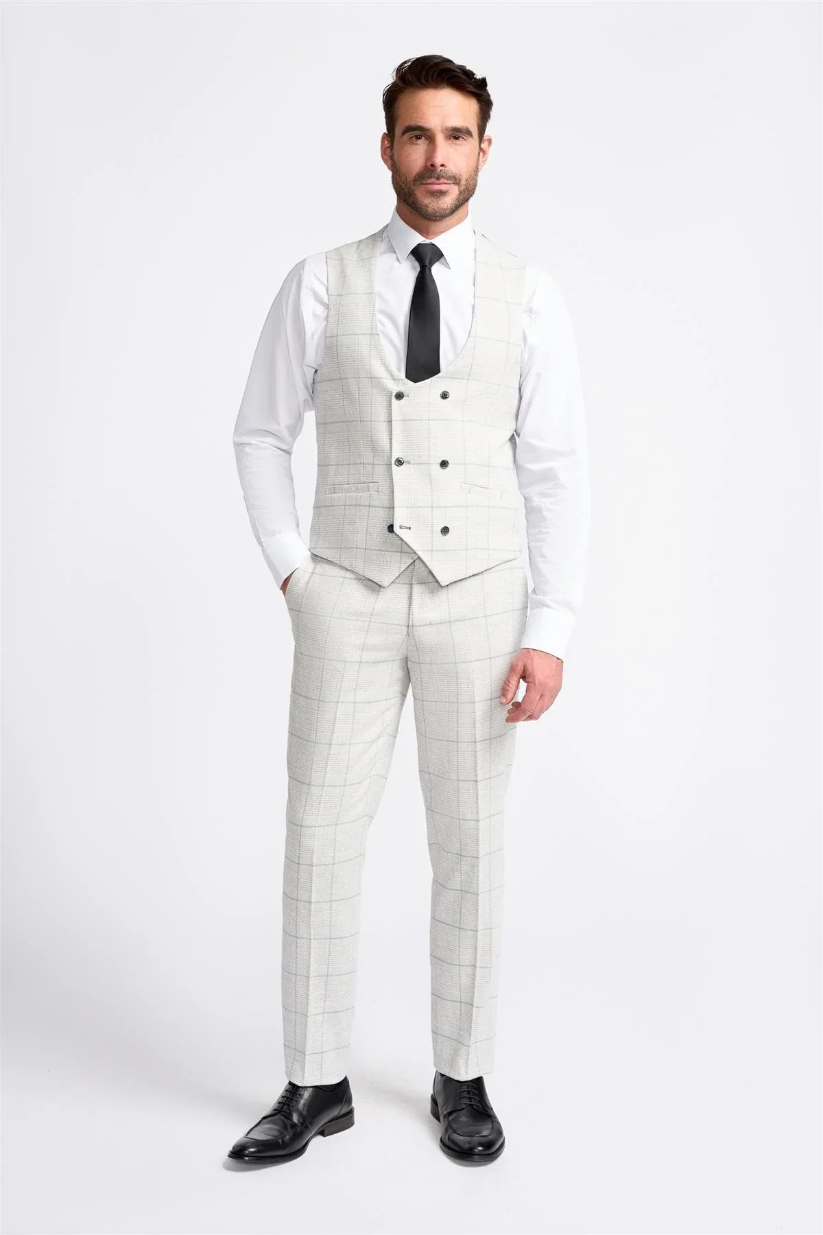 Men's Retro Check Grey Suit - RADIKA - Light Grey Waistcoat Front Picture