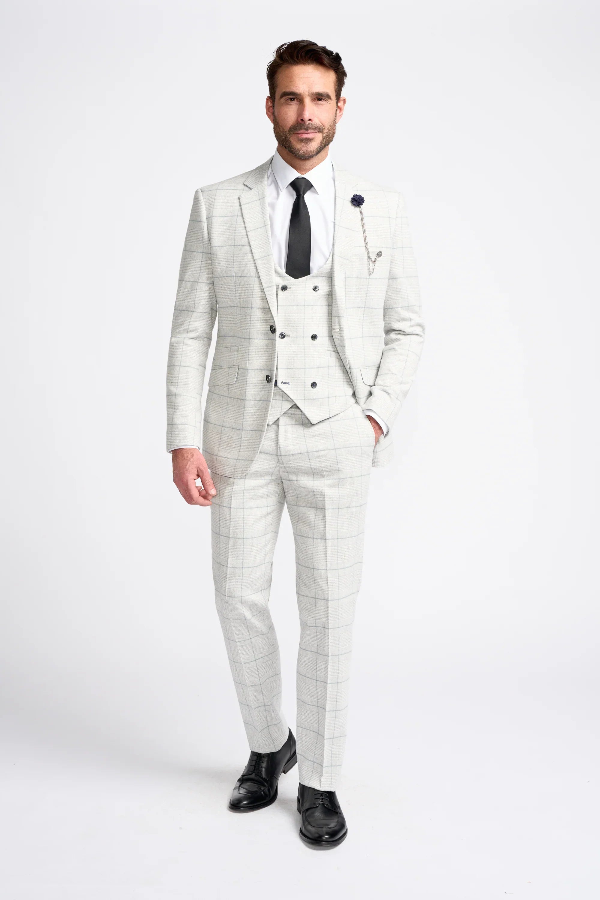 Men's Retro Check Grey Suit - RADIKA - Light Grey Model Front Picture