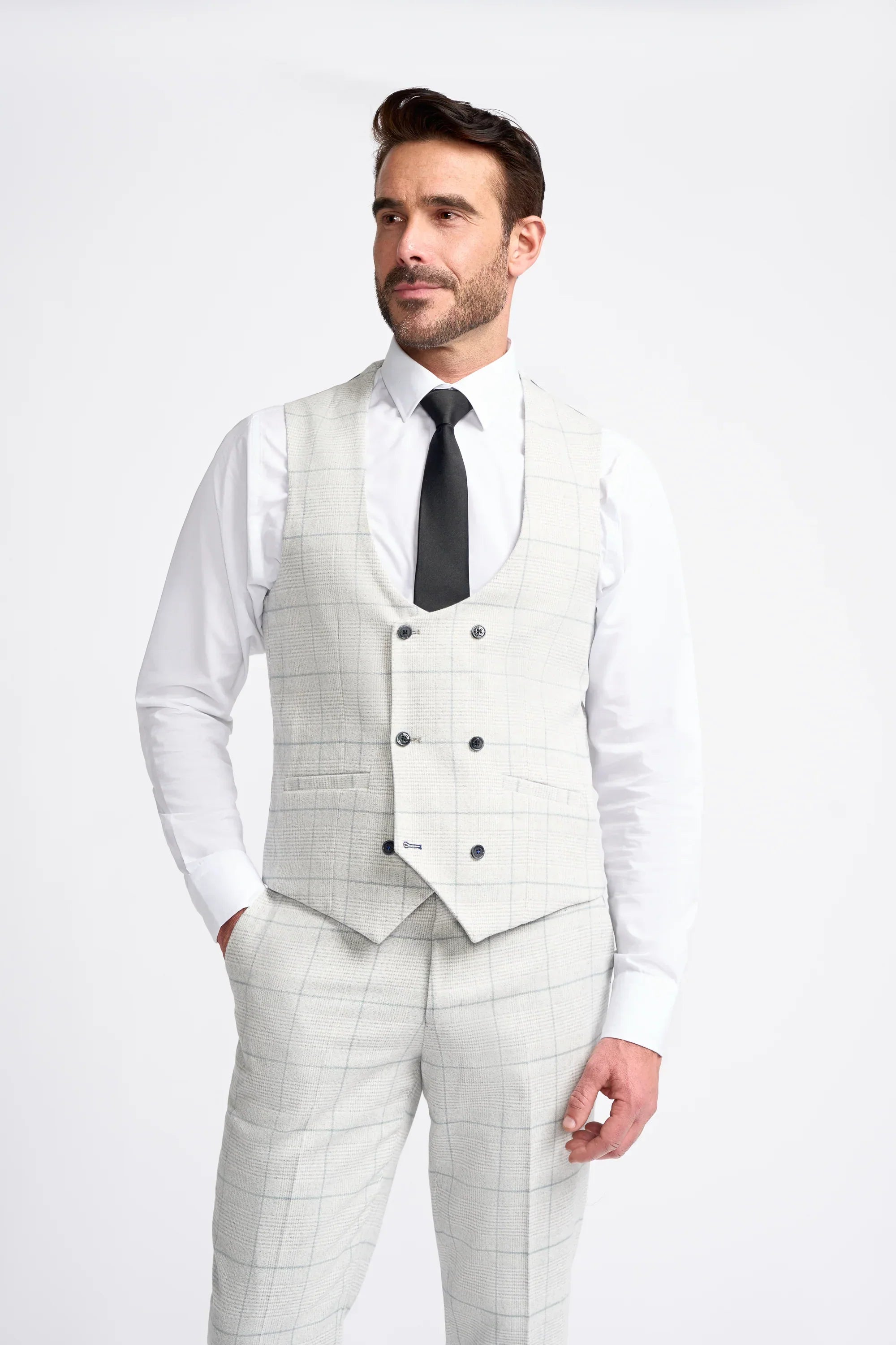 Men's Retro Check Grey Suit - RADIKA - Light Grey Waistcoat Picture
