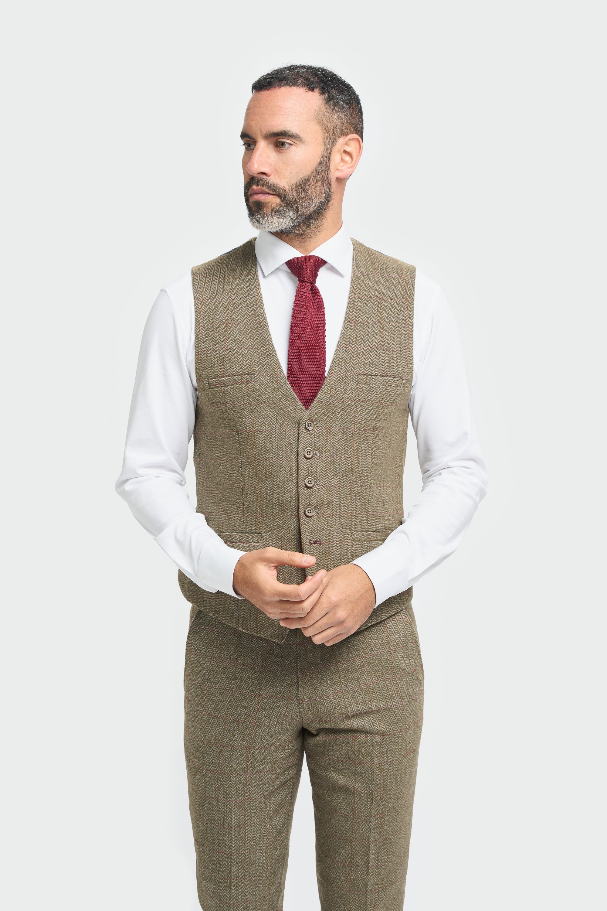 Men's Tweed Check Green Formal Suit - Gaston Sage Waistcoat Picture
