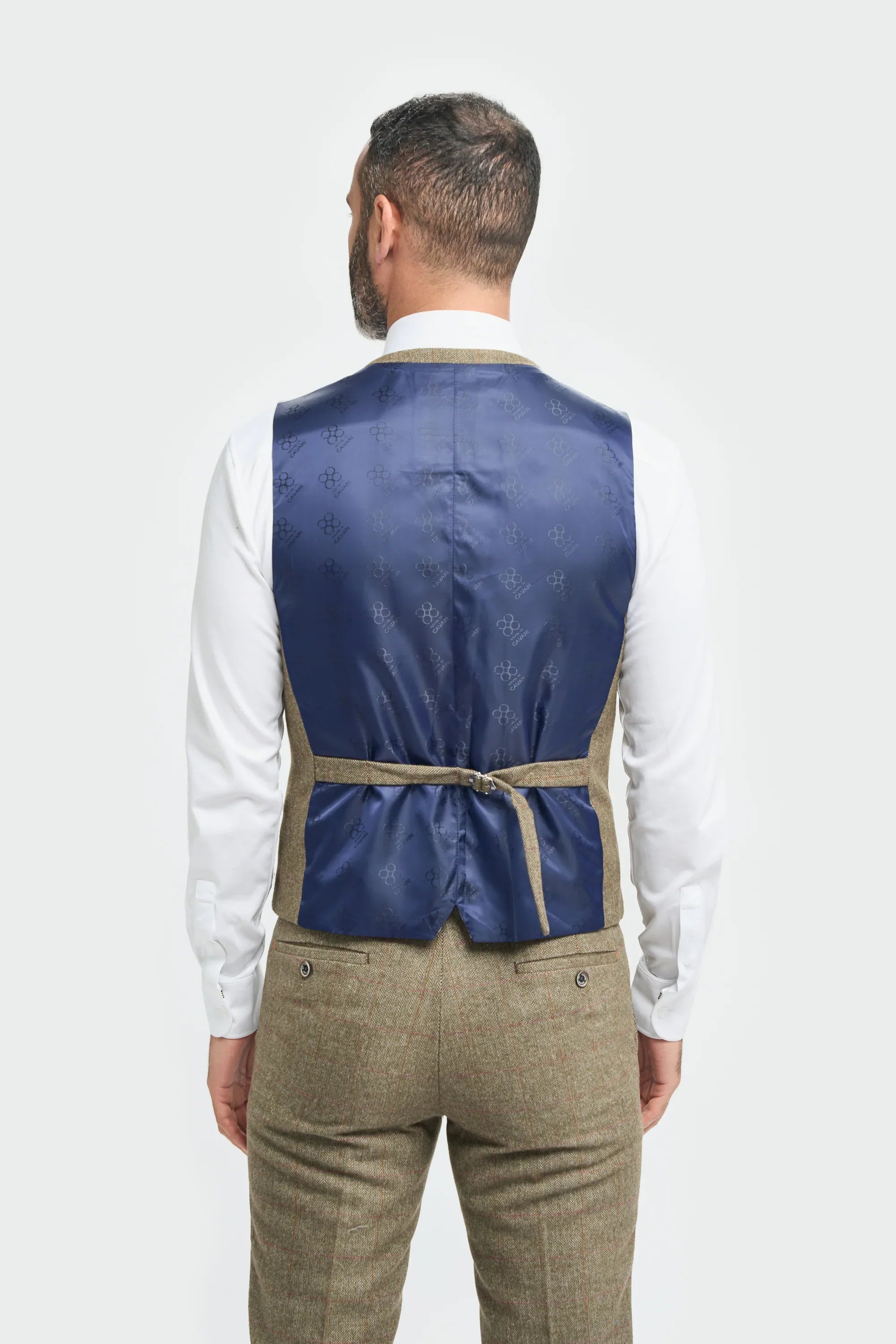 Men's Tweed Check Green Formal Suit - Gaston Sage  Waistcoat Back Picture