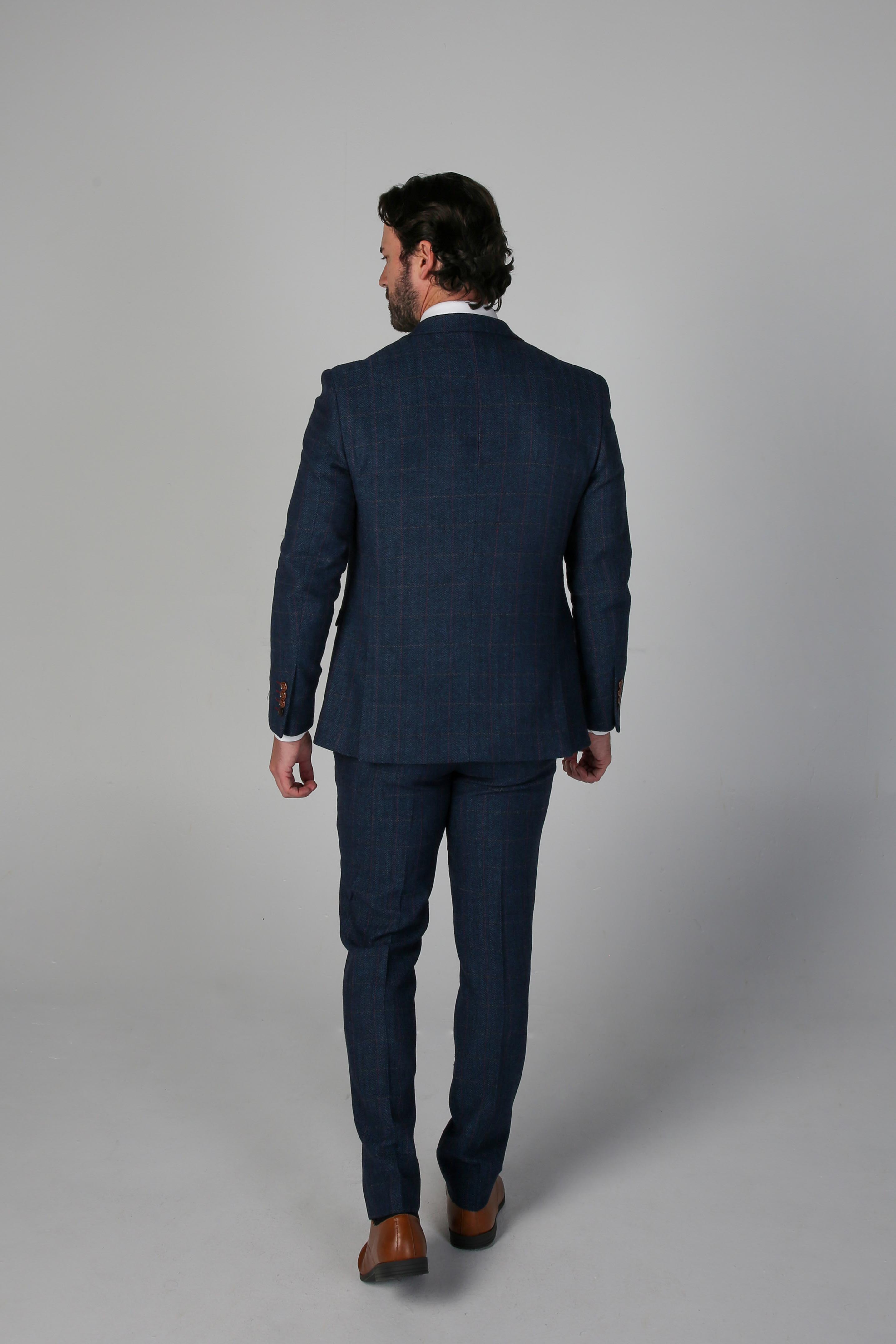 Men's Tweed Herringbone Tailored Fit Suit Jacket - SCOTT - Navy Blue