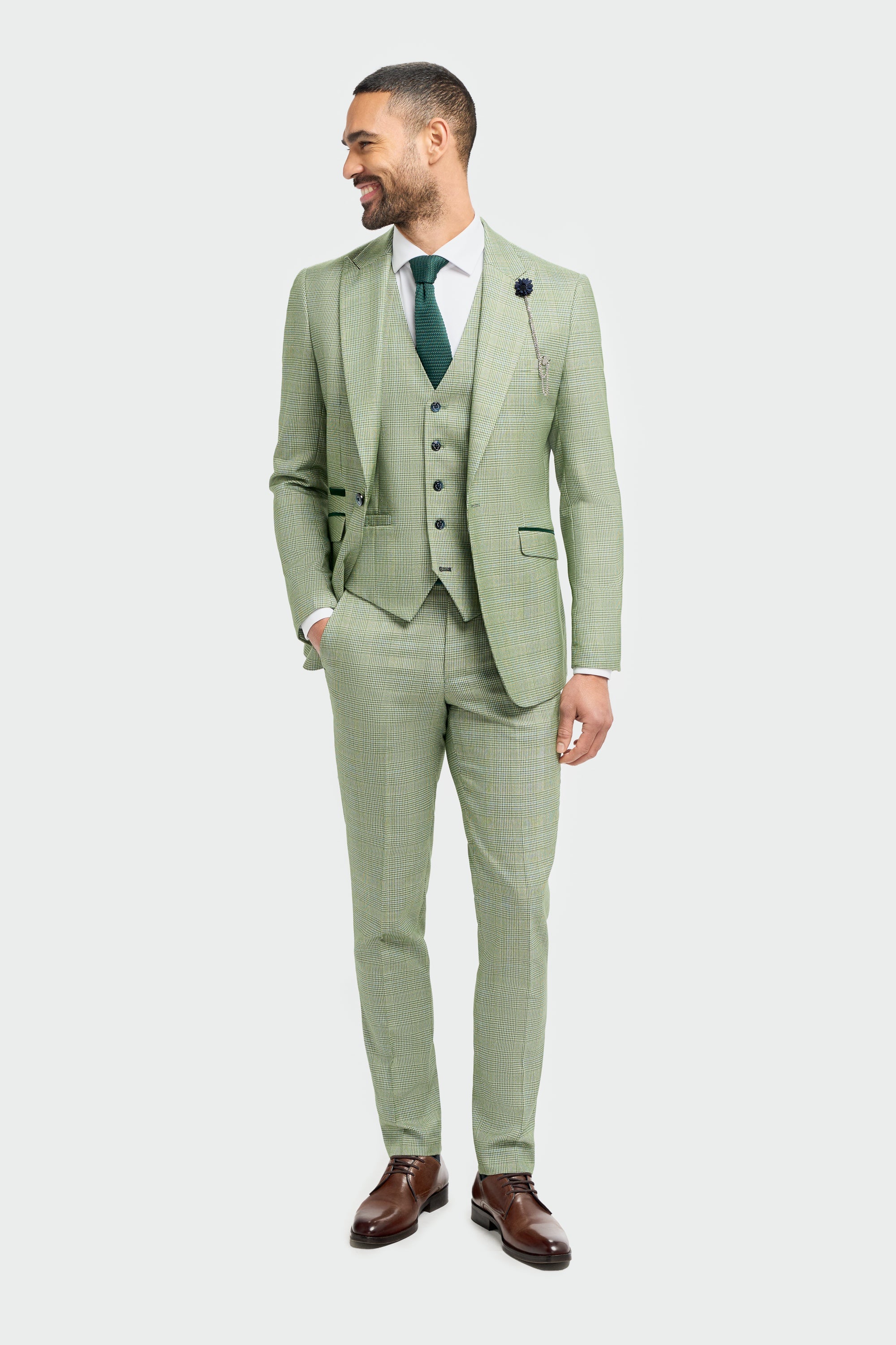 Men's Tweed Houndstooth Check Slim Fit Suit Jacket - CARIDI SAGE GREEN