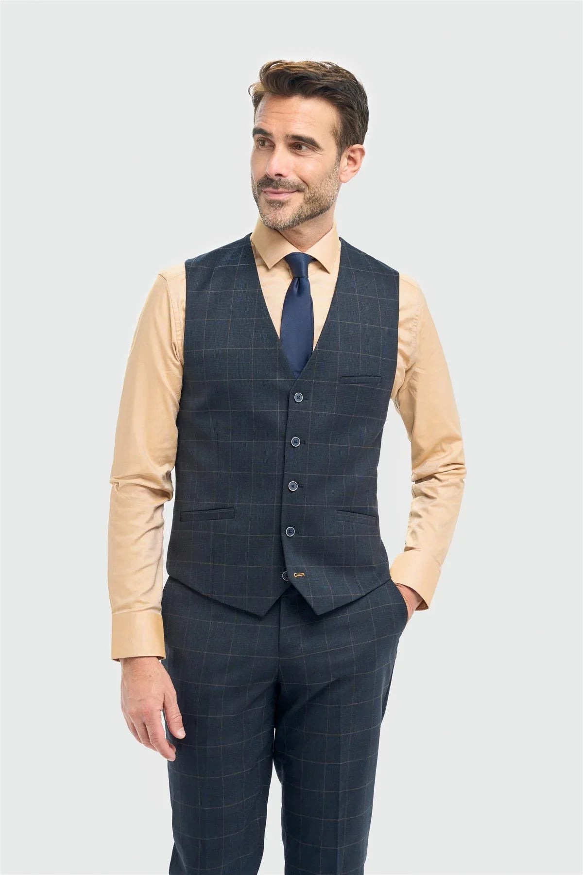 Mens navy windowpane check formal waistcoat Torino