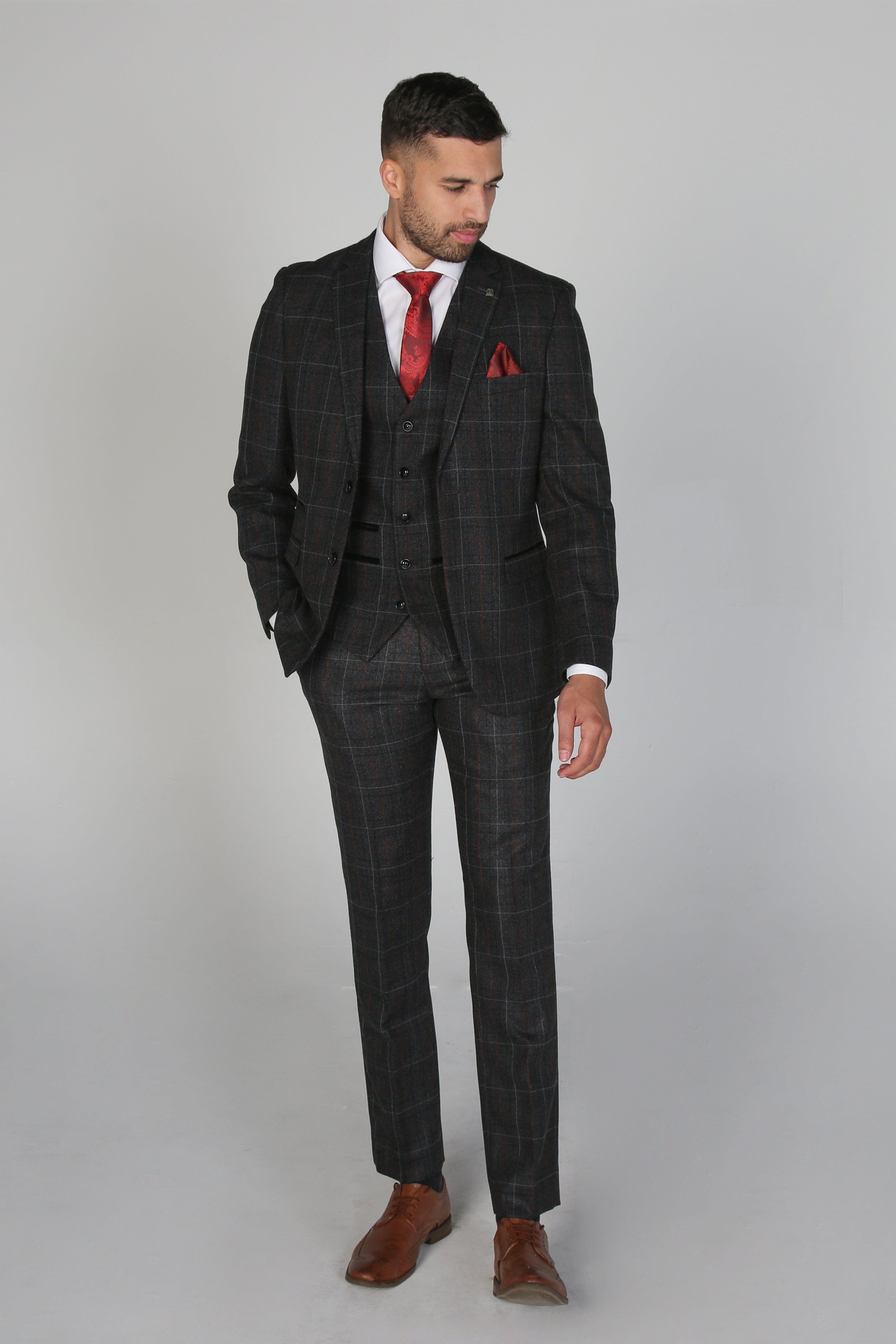 Men's Harvey Charcoal Grey Windowpane Tailored Business Suit