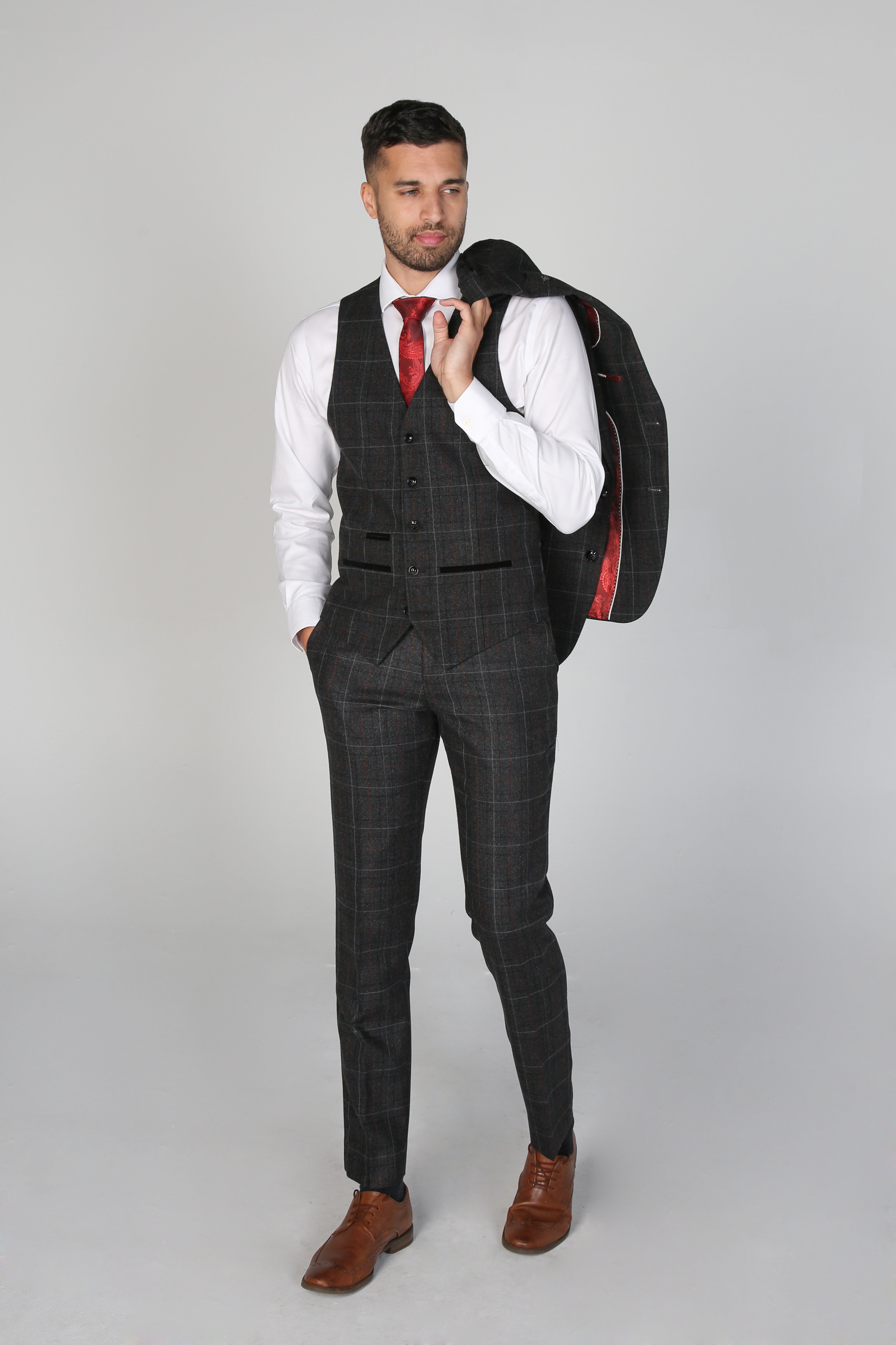 Men's Harvey Charcoal Grey Windowpane Tailored Business Suit