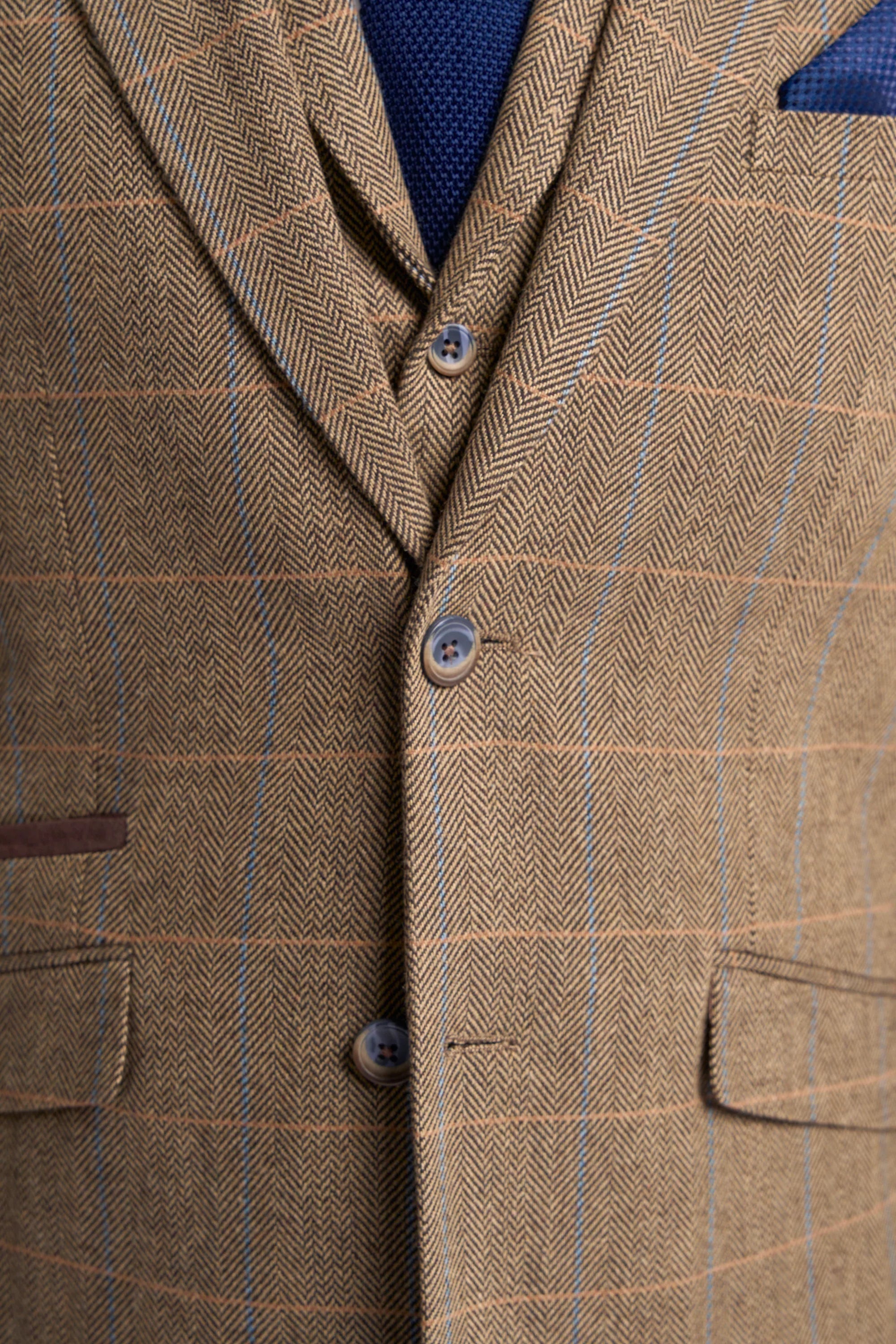 Men's Wool Blend Herringbone Check Suit Jacket - Albert - Tan Brown Fronr Detail Picture