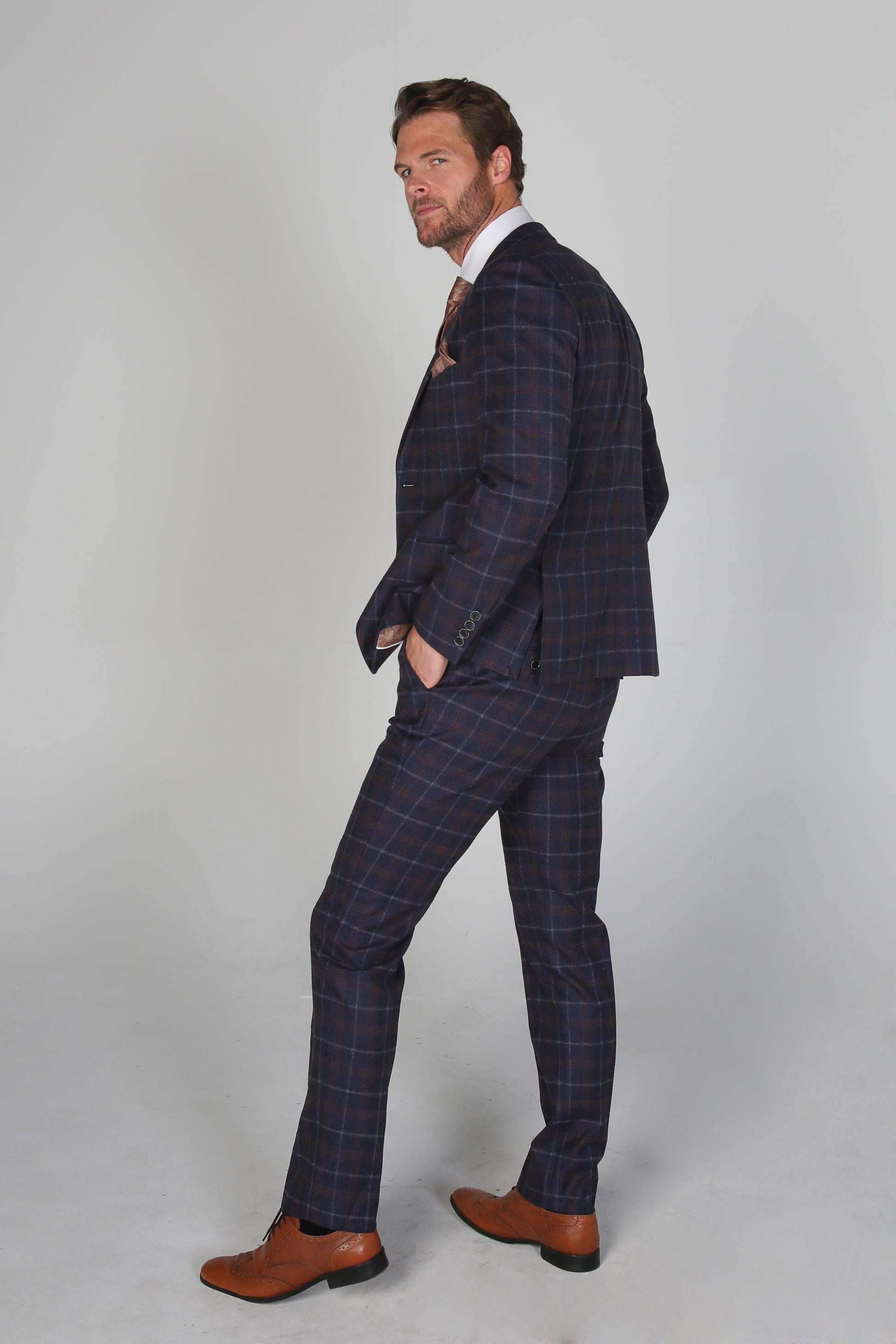 KENNETH Men’s Tailored Fit Retro Check Suit - Navy/Maroon