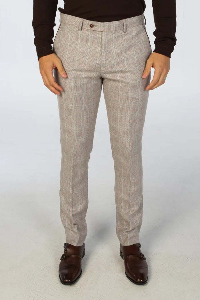 Men's Leo Sand Beige Check Tailored Fit 2-Piece Suit