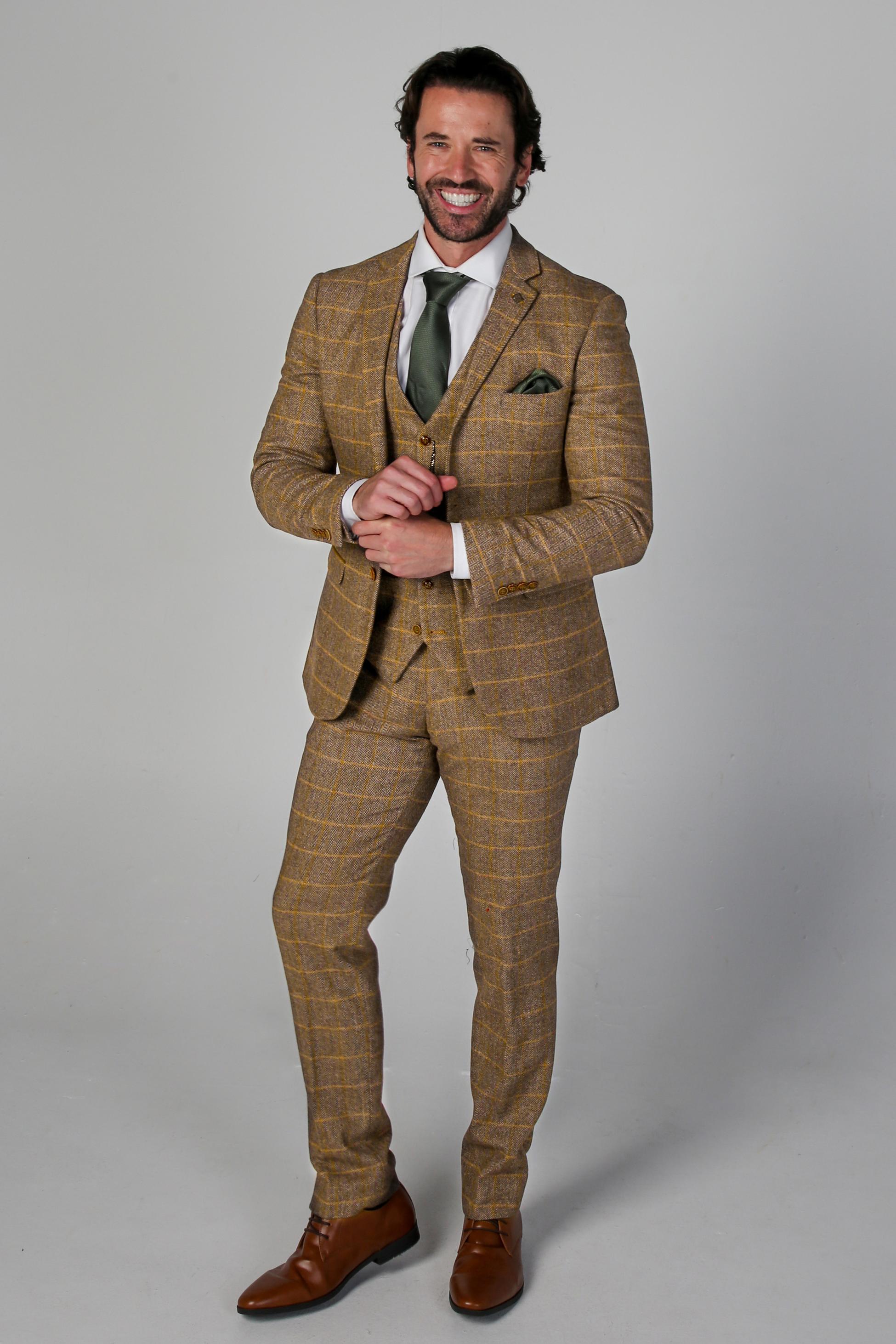 Men's Harris Cognac Brown Tweed Windowpane Formal Suit