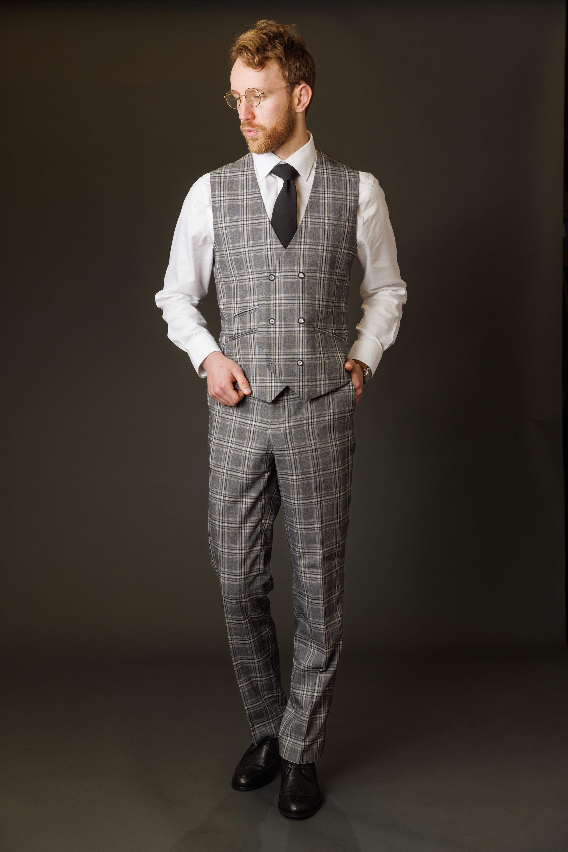 Men's Blake Steel Grey Windowpane Pattern Slim Fit Suit