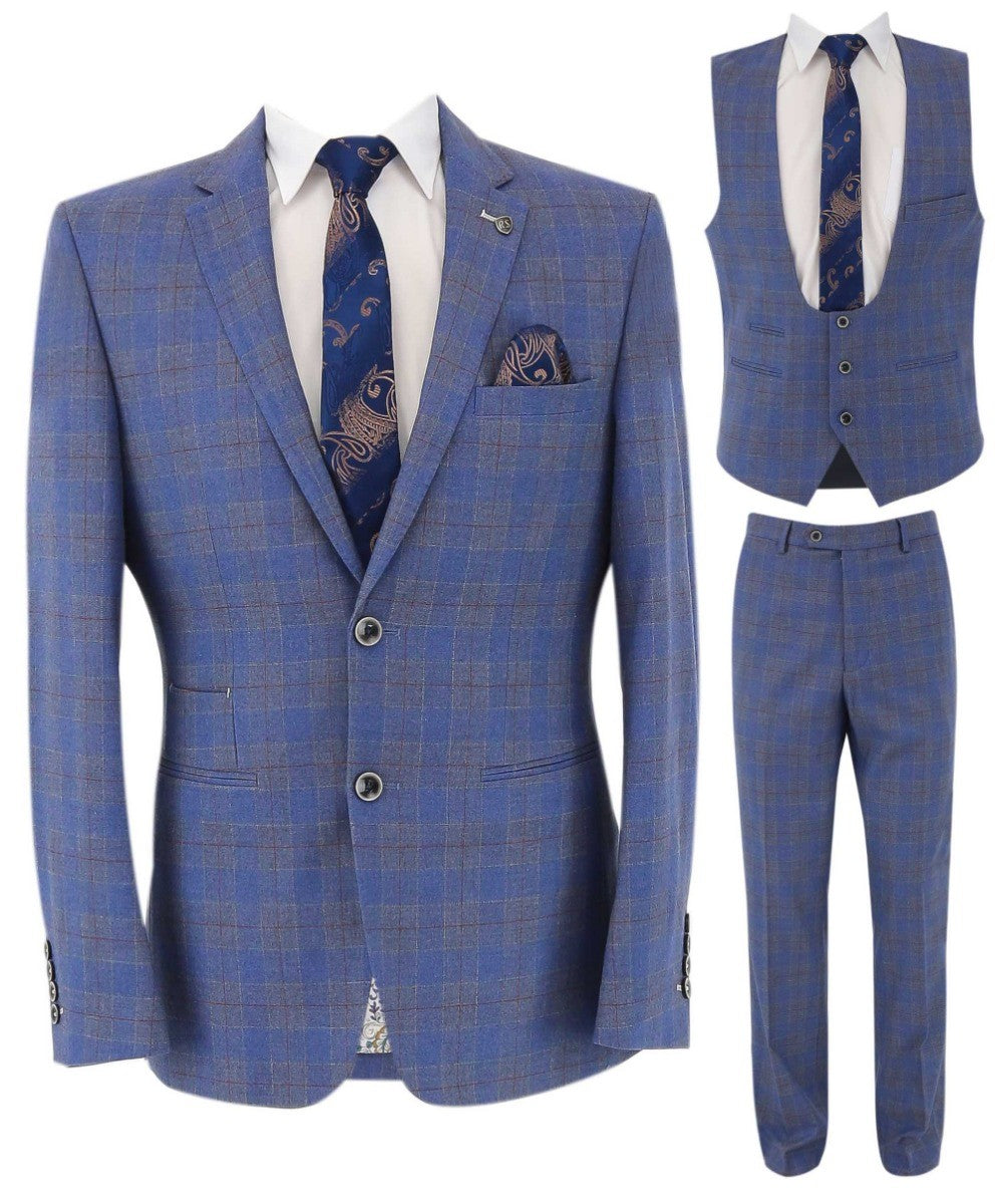 Men's Connor Sky Blue Windowpane Check Slim Fit Suit
