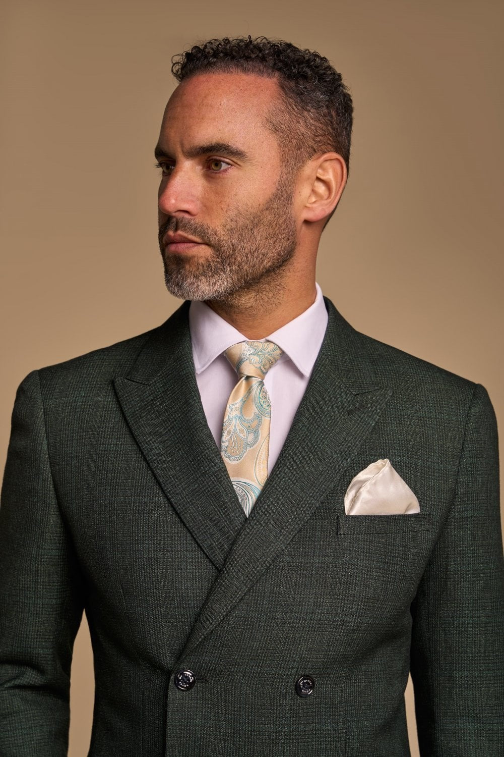 Men's Glen Check Double-breasted Suit Jacket - CARIDI - Olive Green