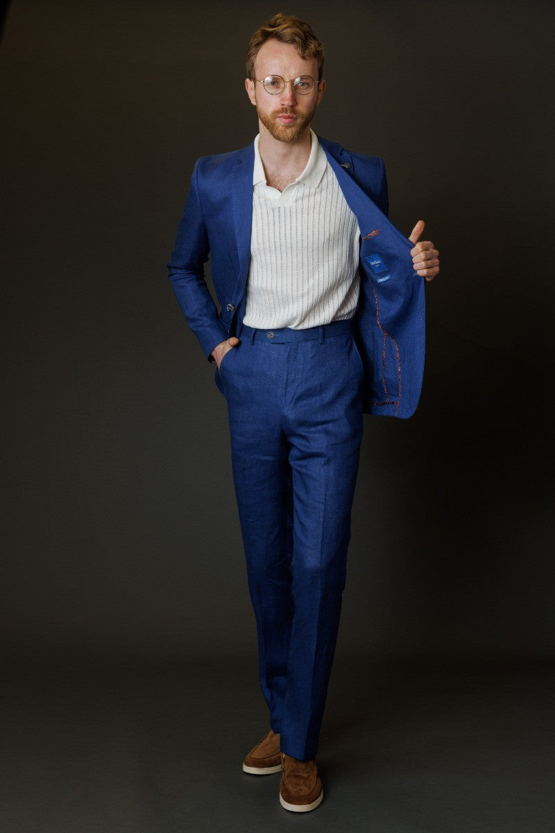 Navy Blue Men's Slim Fit Linen 2-Piece Suit Set