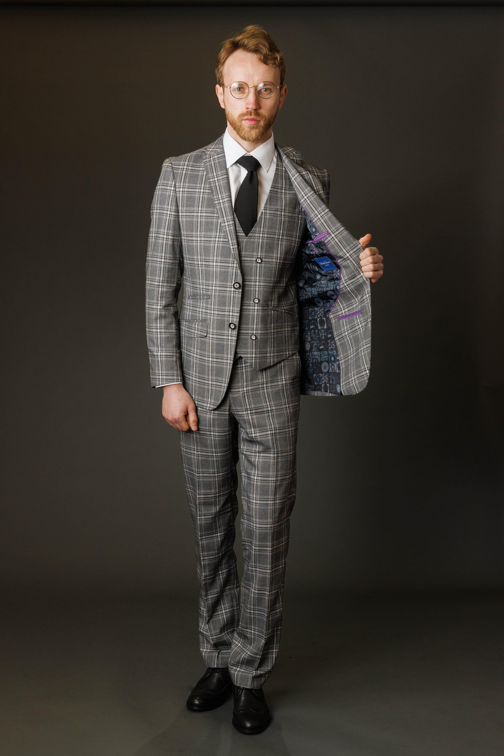 Men's Blake Steel Grey Windowpane Pattern Slim Fit Suit