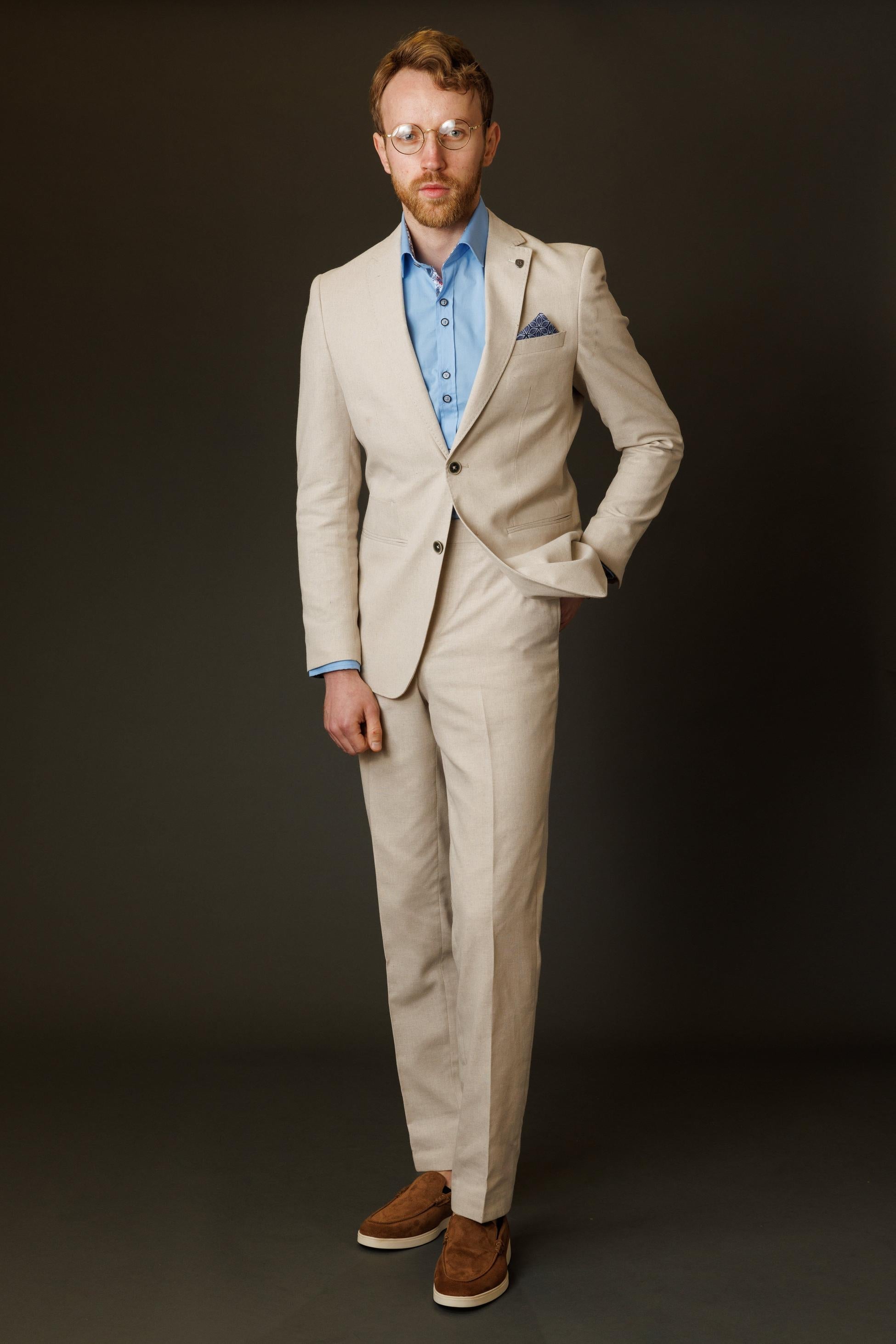 GIOVANNI Cream Men's Cotton Blend Self Patterned Suit