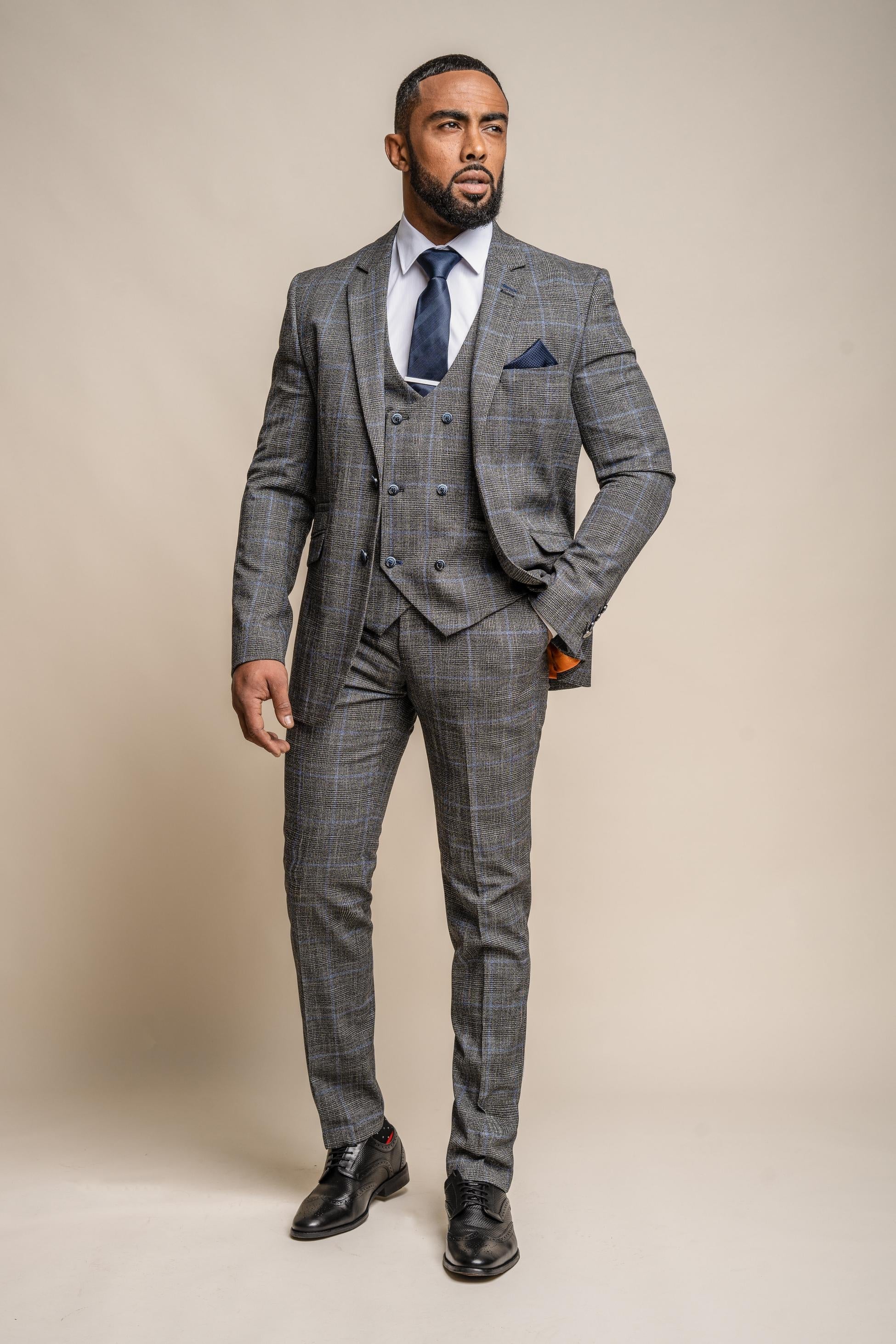 Men's Power Ash Grey Tweed Retro Check Traditional Suit