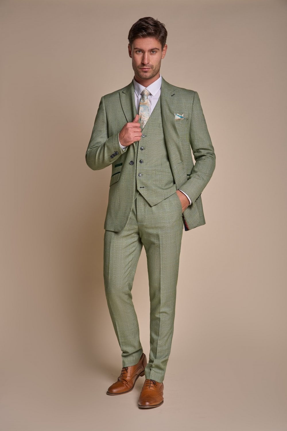 Mens Sage Green 3 Piece Tweed Glen Check Suit CARIDI