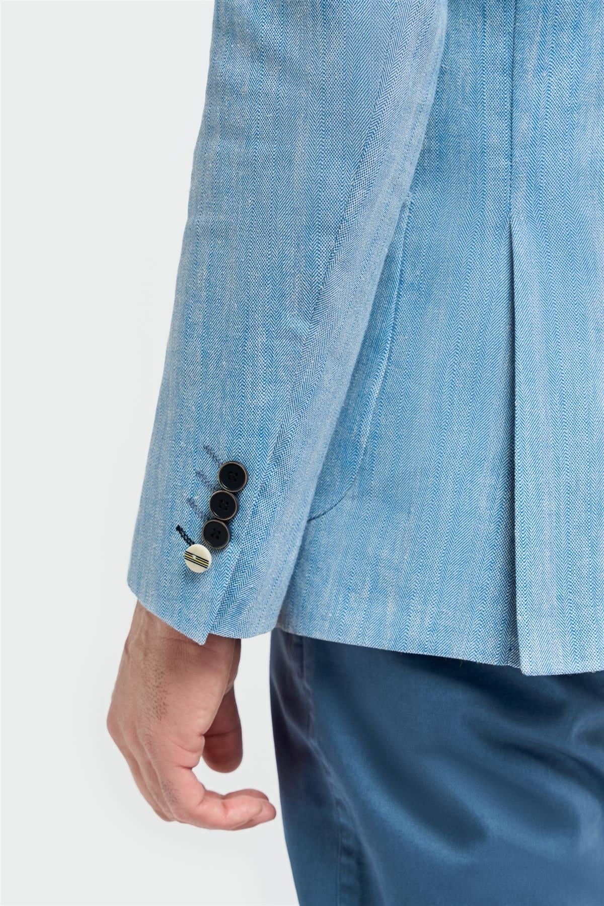Mens Linen Herringbone Blazer with Patch Pockets - Luigi - Sky Blue