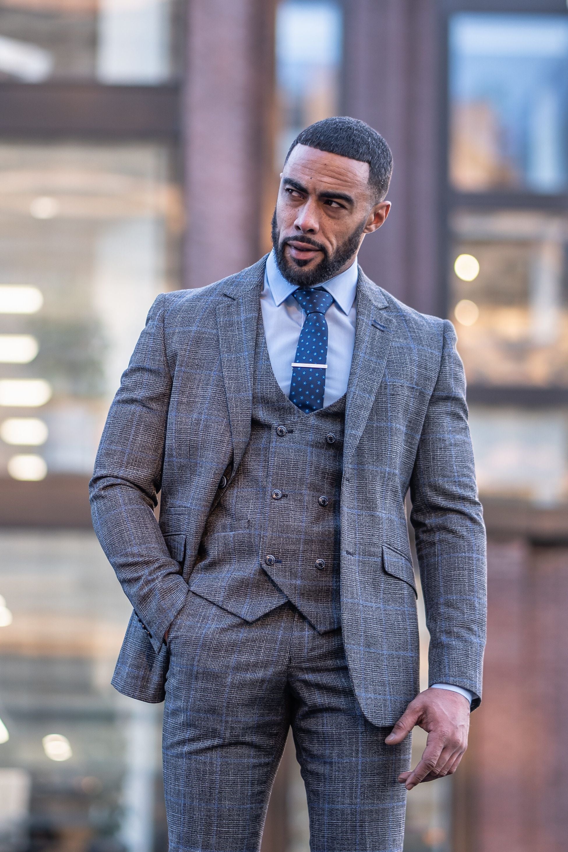 Men's Power Ash Grey Tweed Retro Check Traditional Suit