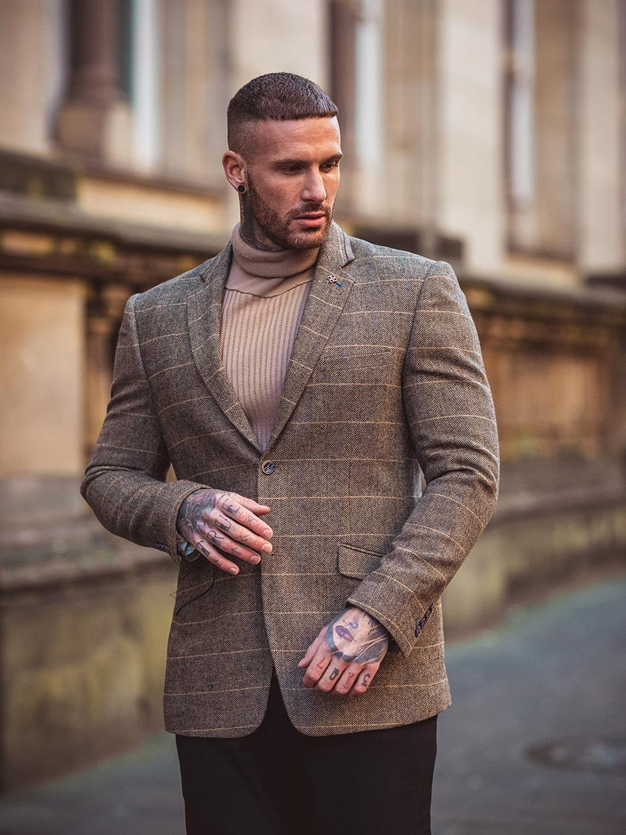 Men's Wool Blend Herringbone Check Suit Jacket - Albert - Tan Brown Lifestyle Picture